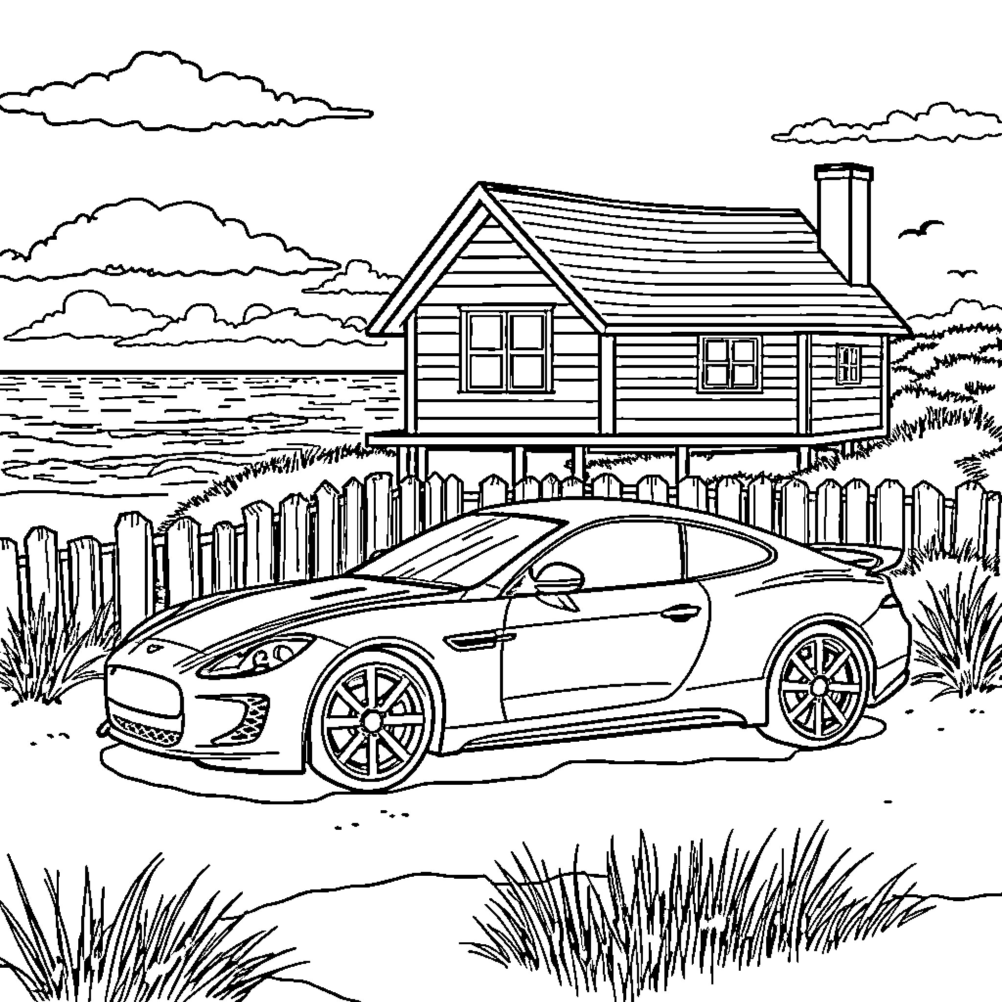 Car parked in front of wooden house by the lake Coloring Page (free black-and-white line drawing printable PDF for all, from beginners to advanced learners, including children, teens, adults, and seniors)