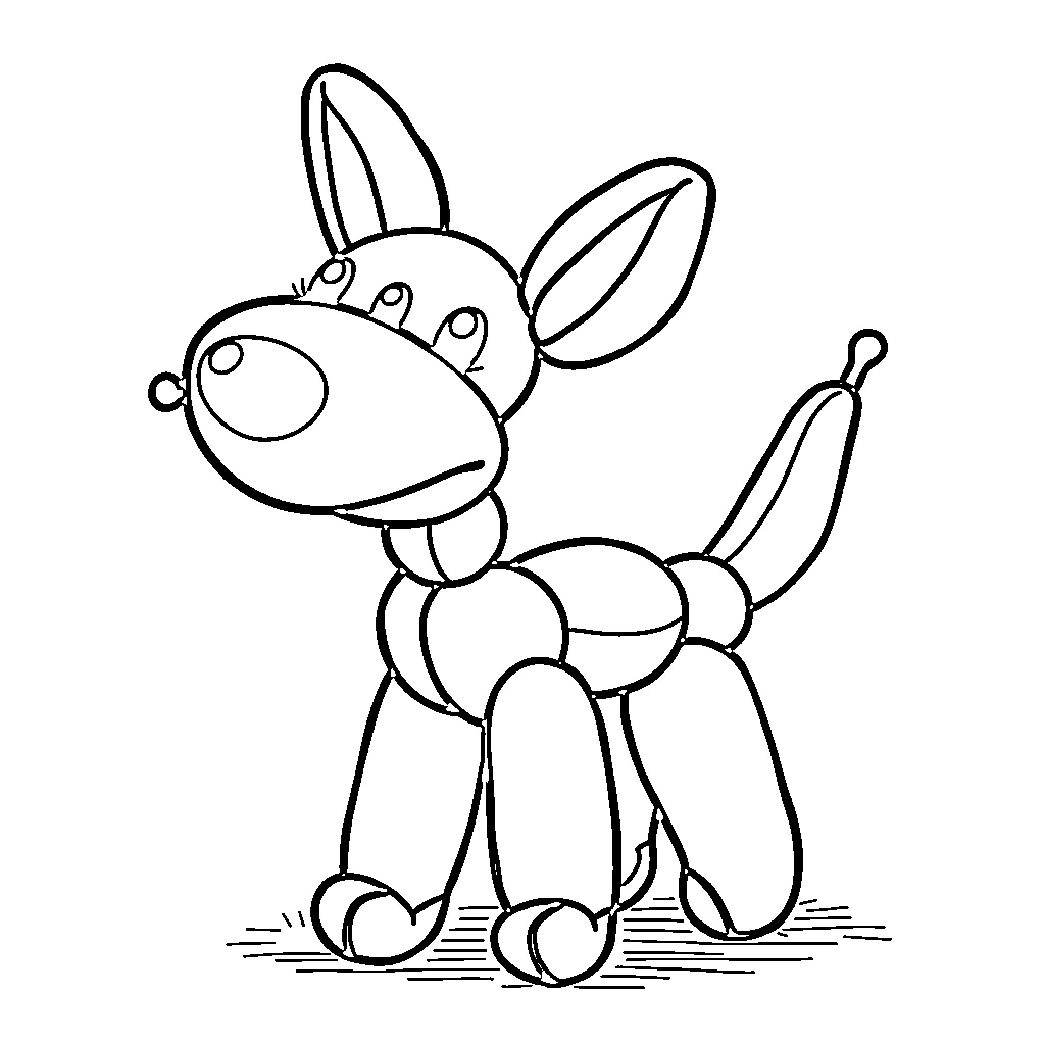 Balloon Dog playing happily on the ground Coloring Page (free black-and-white line drawing printable PDF for all, from beginners to advanced learners, including children, teens, adults, and seniors)