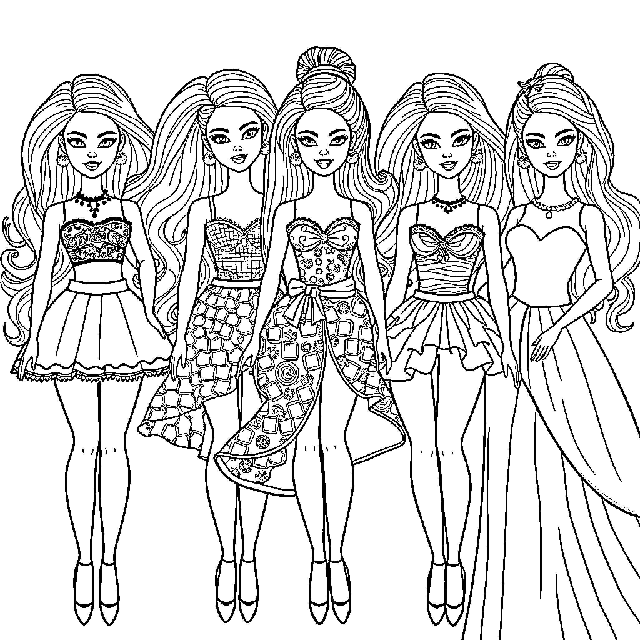 Barbie dolls in fashionable outfits and poses Coloring Page (free black-and-white line drawing printable PDF for all, from beginners to advanced learners, including children, teens, adults, and seniors)