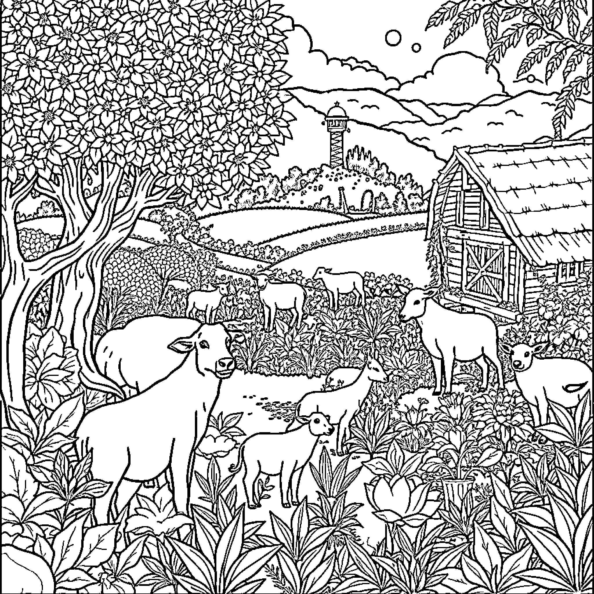 Farm scene with animals and foliage Coloring Page (free black-and-white line drawing printable PDF for all, from beginners to advanced learners, including children, teens, adults, and seniors)
