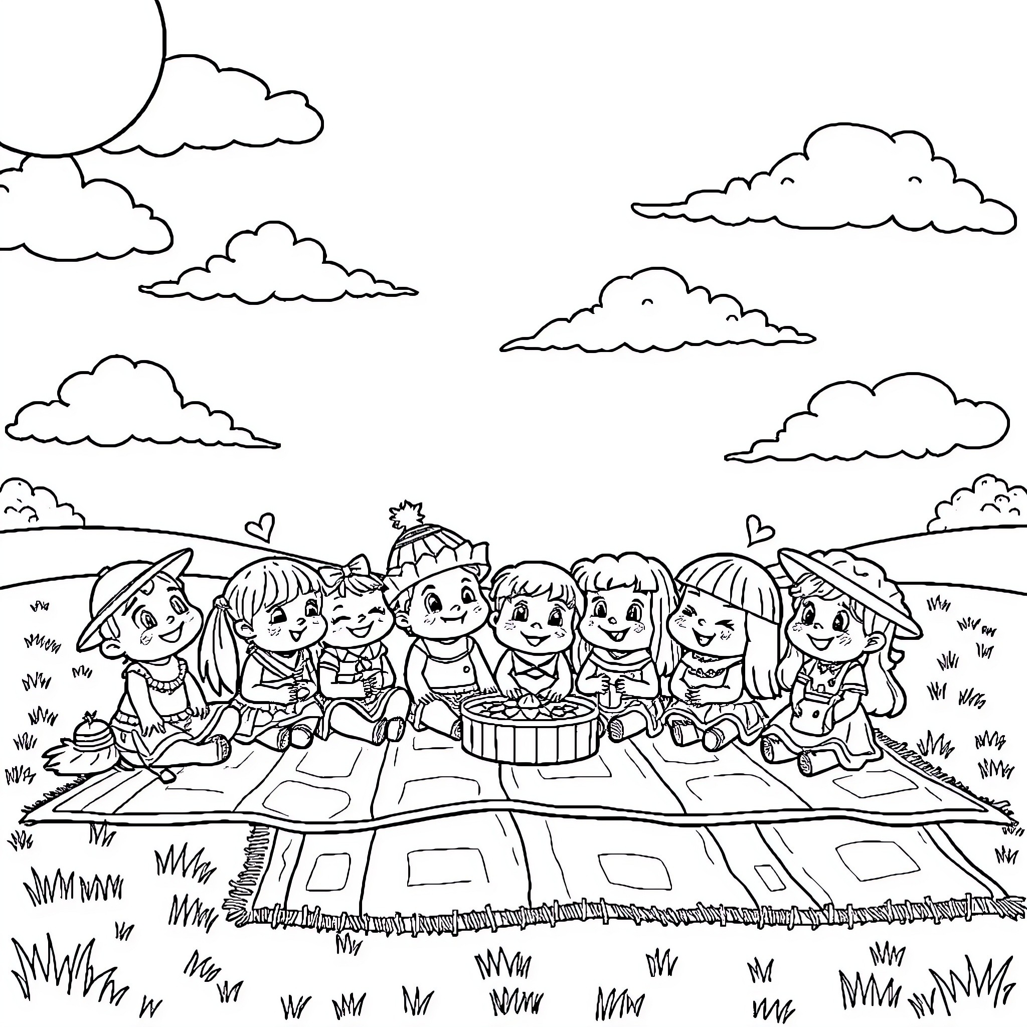 La Bubu's Friends Gather for a Picnic Adventure Coloring Page (free black-and-white line drawing printable PDF for all, from beginners to advanced learners, including children, teens, adults, and seniors)