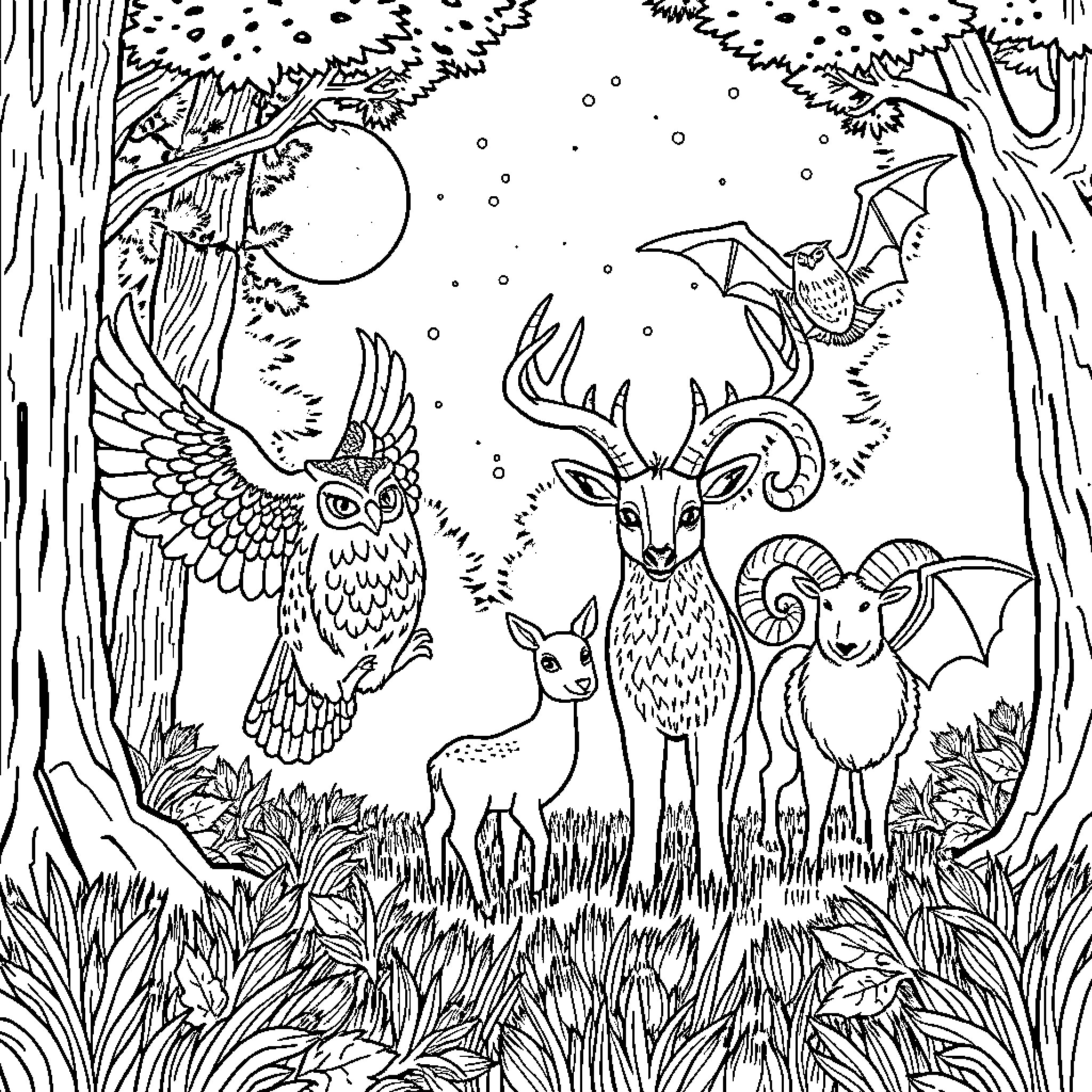 Owl and woodland animals in a moonlit forest Coloring Page (free black-and-white line drawing printable PDF for all, from beginners to advanced learners, including children, teens, adults, and seniors)