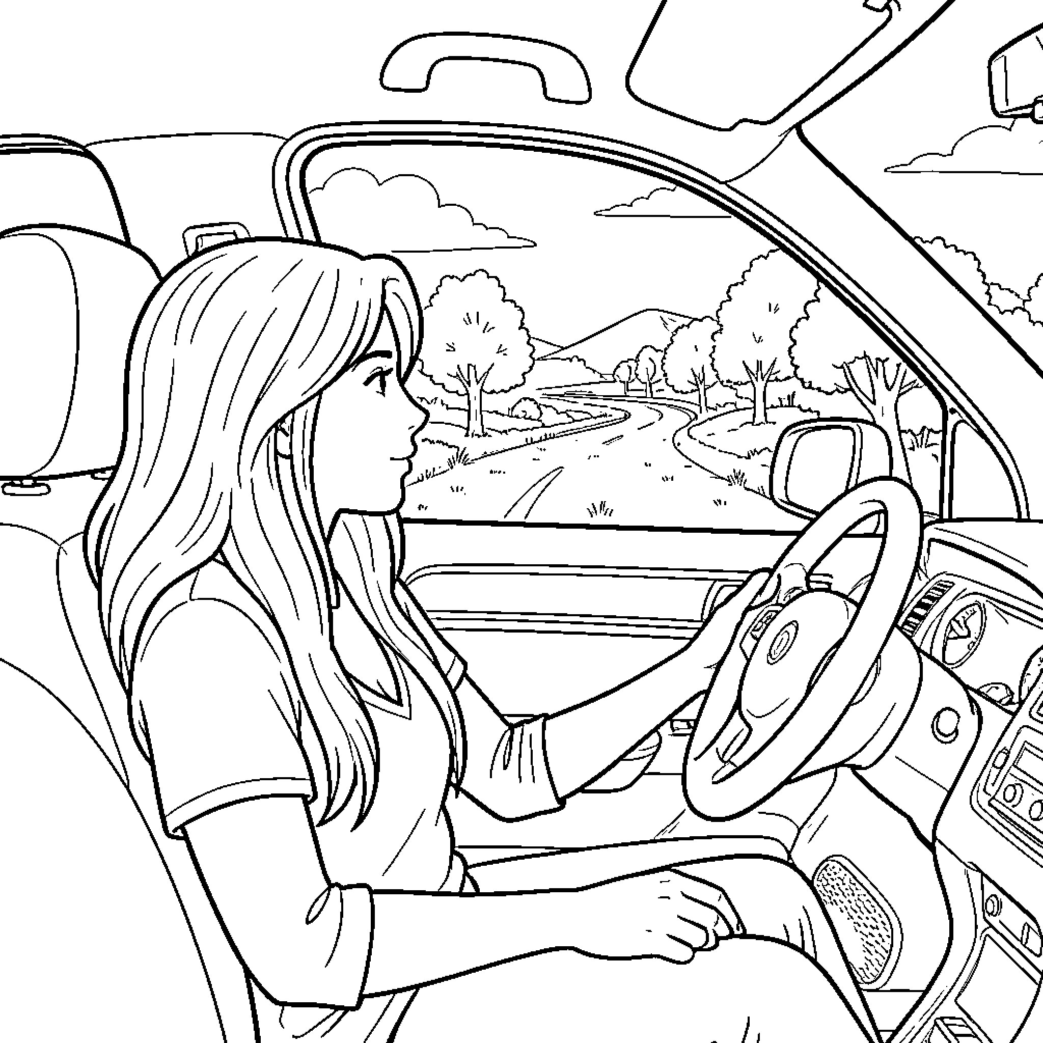 Alsa woman driving a car through a scenic landscape Coloring Page (free black-and-white line drawing printable PDF for all, from beginners to advanced learners, including children, teens, adults, and seniors)