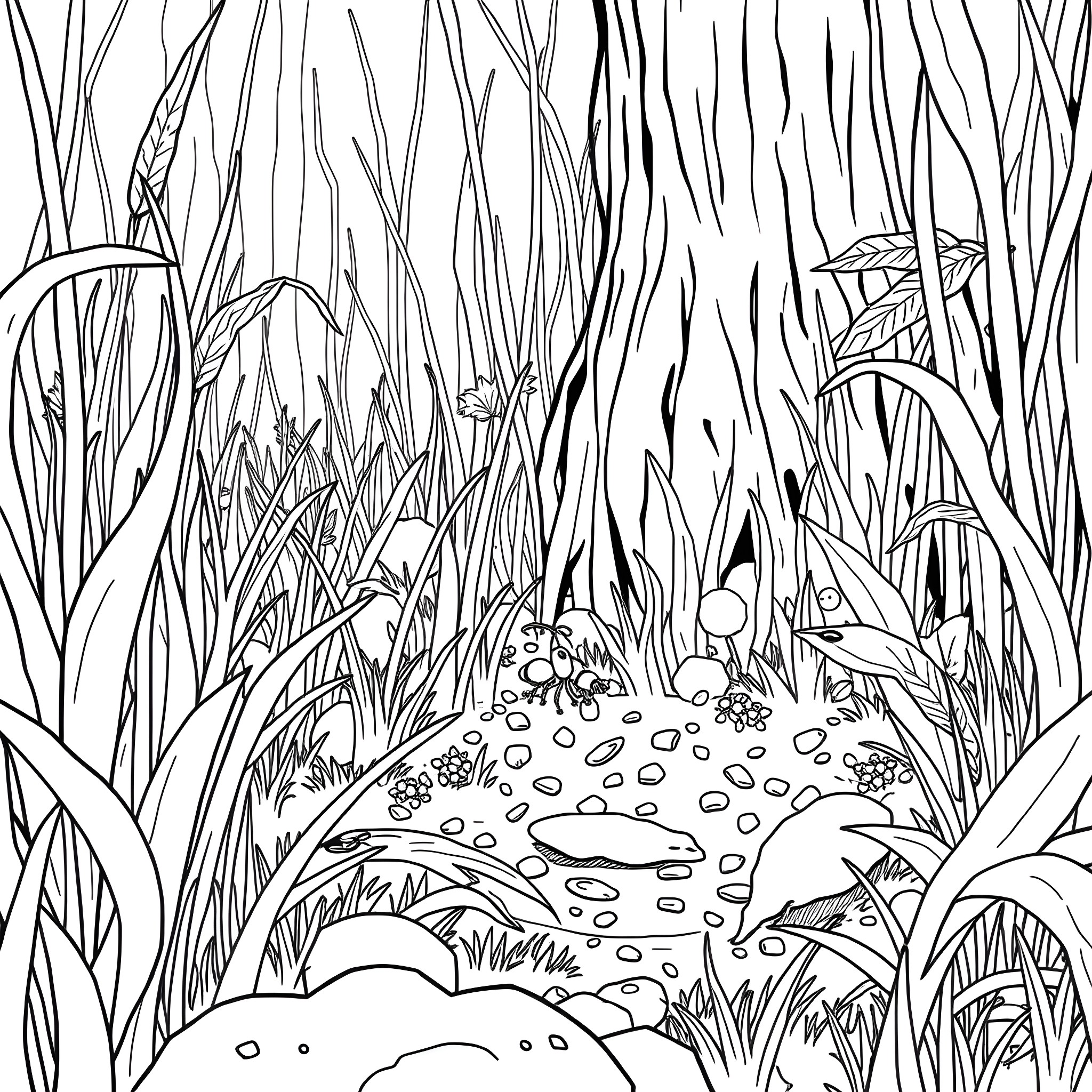 Ant exploring the lush undergrowth Coloring Page (free black-and-white line drawing printable PDF for all, from beginners to advanced learners, including children, teens, adults, and seniors)