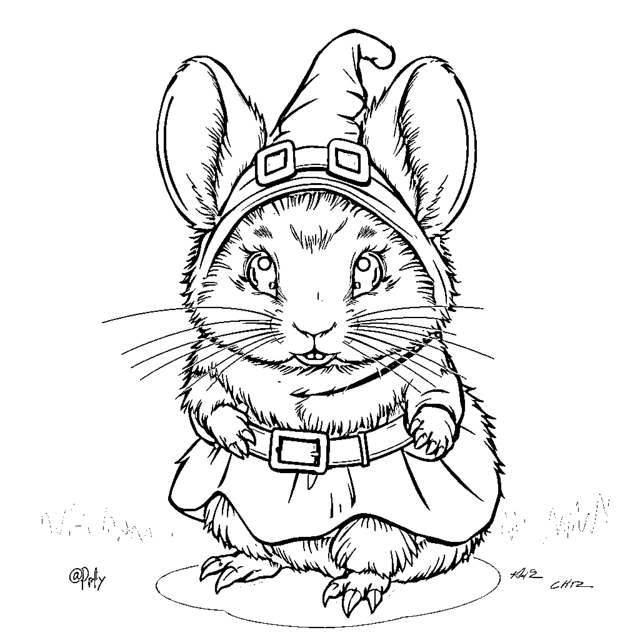 Chinchilla wearing a festive hat Coloring Page (free black-and-white line drawing printable PDF for all, from beginners to advanced learners, including children, teens, adults, and seniors)