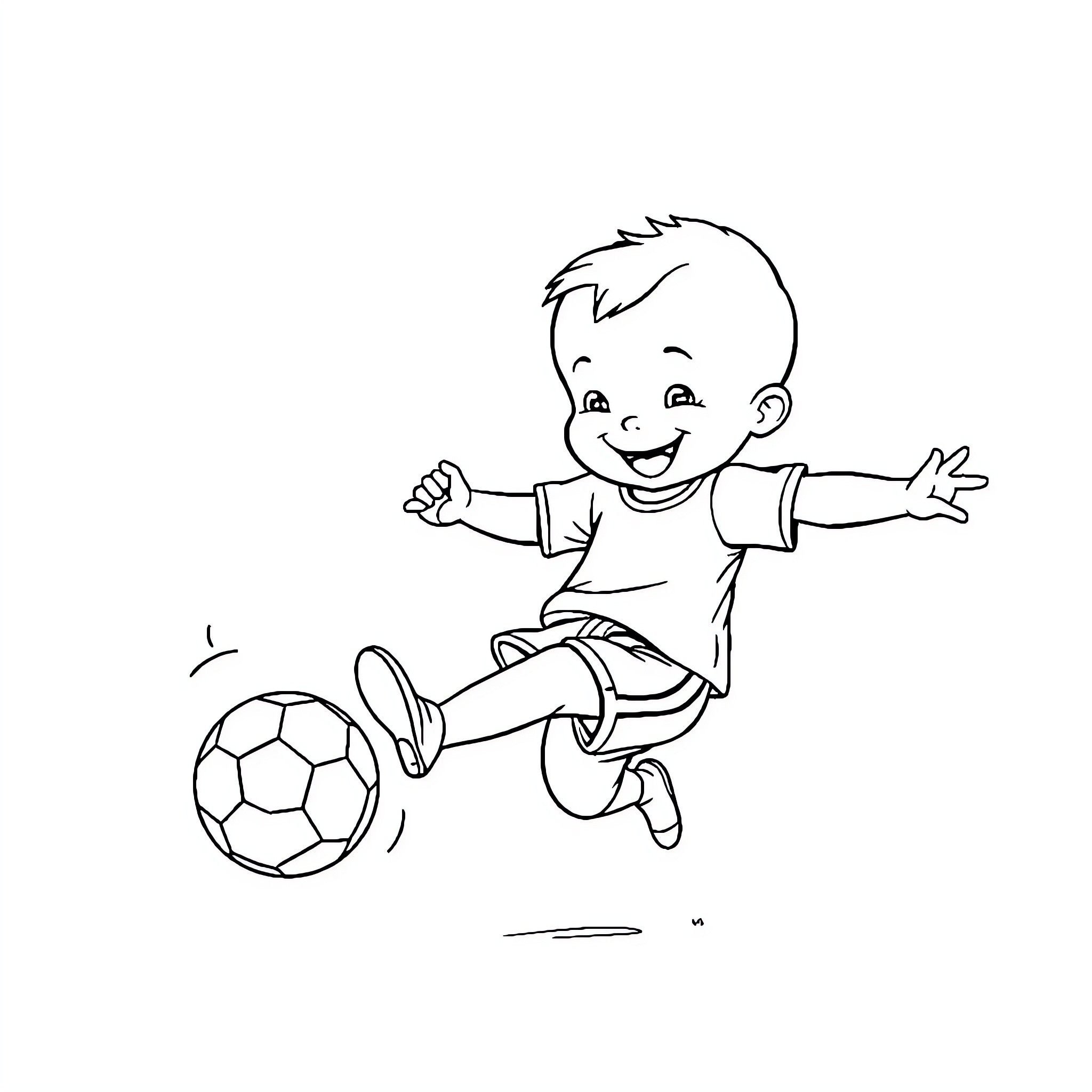 Baby playing with soccer ball happily Coloring Page (free black-and-white line drawing printable PDF for all, from beginners to advanced learners, including children, teens, adults, and seniors)