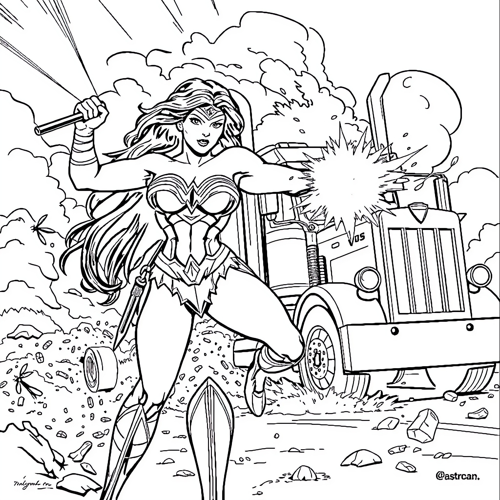 Wonder Woman heroically battles in an explosive scene Coloring Page (free black-and-white line drawing printable PDF for all, from beginners to advanced learners, including children, teens, adults, and seniors)