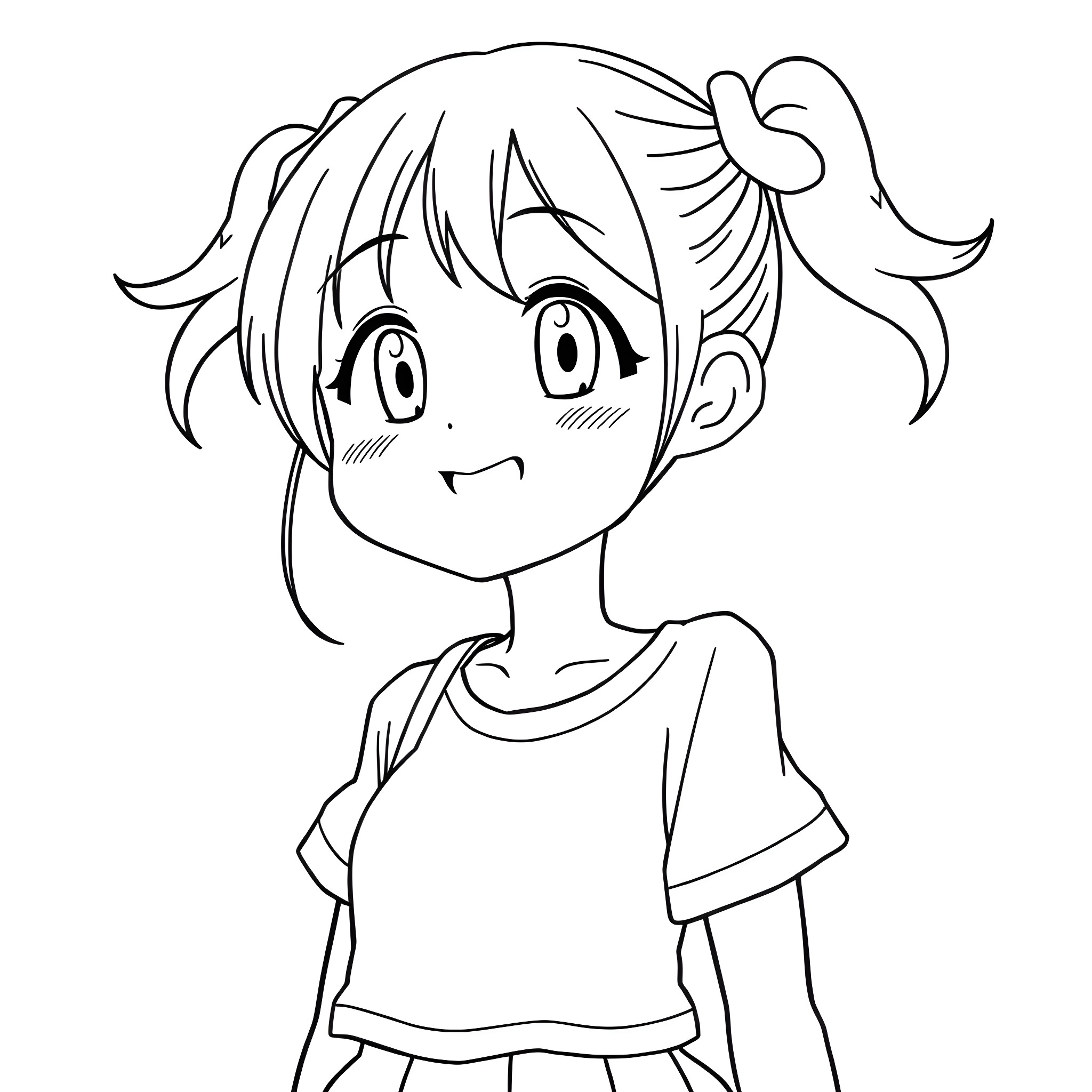 Anime Girl with Cheerful Expression Coloring Page (free black-and-white line drawing printable PDF for all, from beginners to advanced learners, including children, teens, adults, and seniors)
