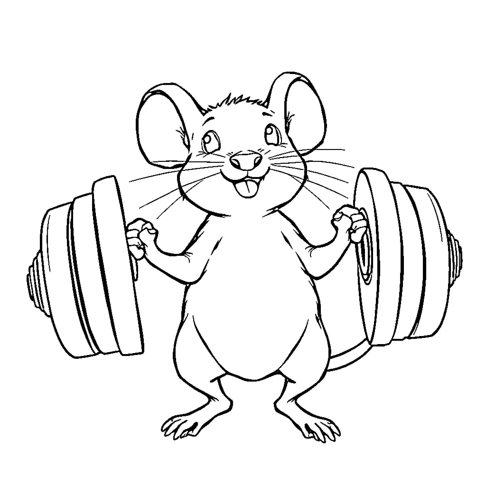Mouse lifting weights in the gym Coloring Page (free black-and-white line drawing printable PDF for all, from beginners to advanced learners, including children, teens, adults, and seniors)
