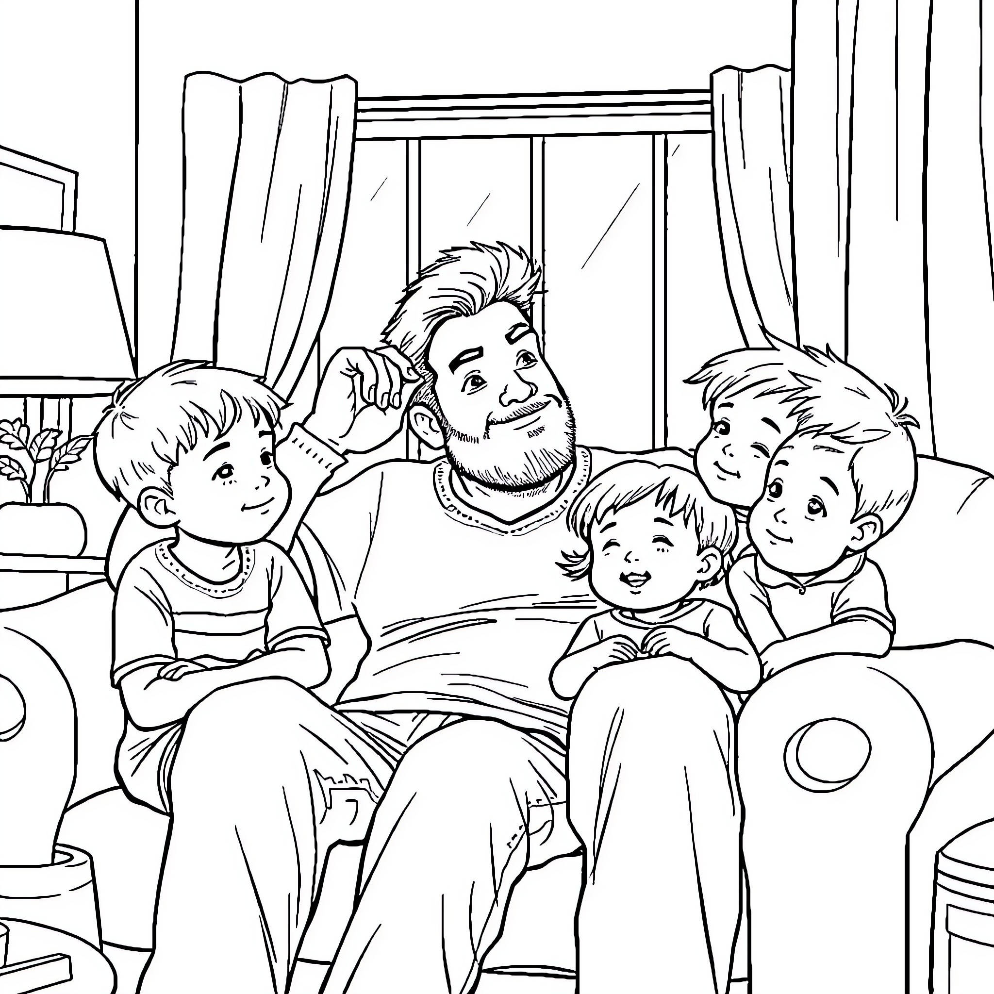 Dad spending quality time with his children Coloring Page (free black-and-white line drawing printable PDF for all, from beginners to advanced learners, including children, teens, adults, and seniors)