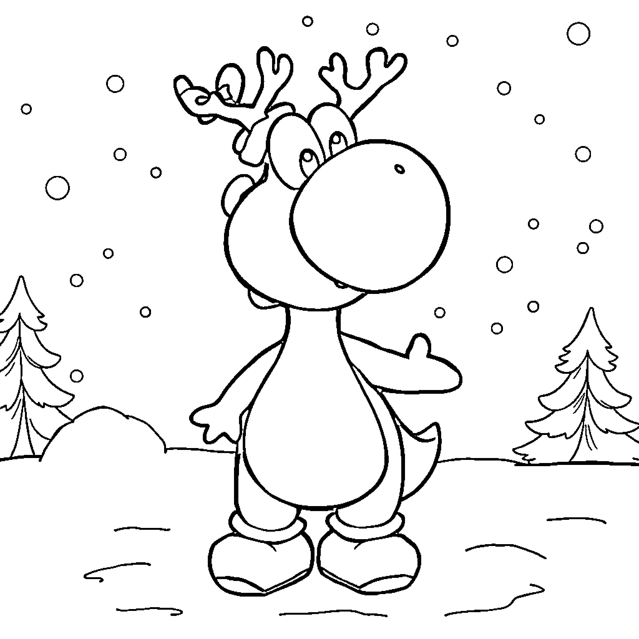 Yoshi the Reindeer in the Snowy Forest Coloring Page (free black-and-white line drawing printable PDF for all, from beginners to advanced learners, including children, teens, adults, and seniors)