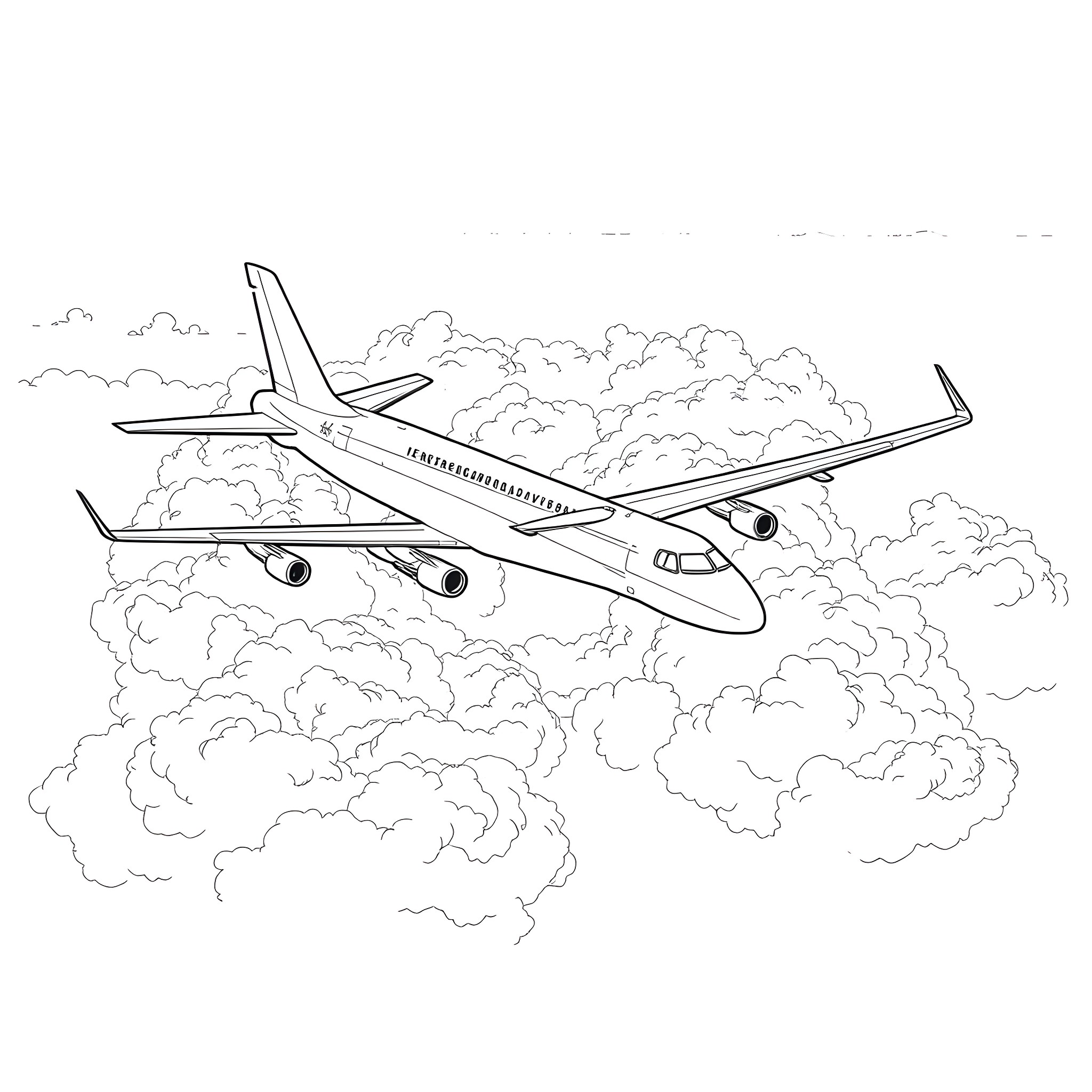 Airplane soaring through cloudy skies Coloring Page (free black-and-white line drawing printable PDF for all, from beginners to advanced learners, including children, teens, adults, and seniors)