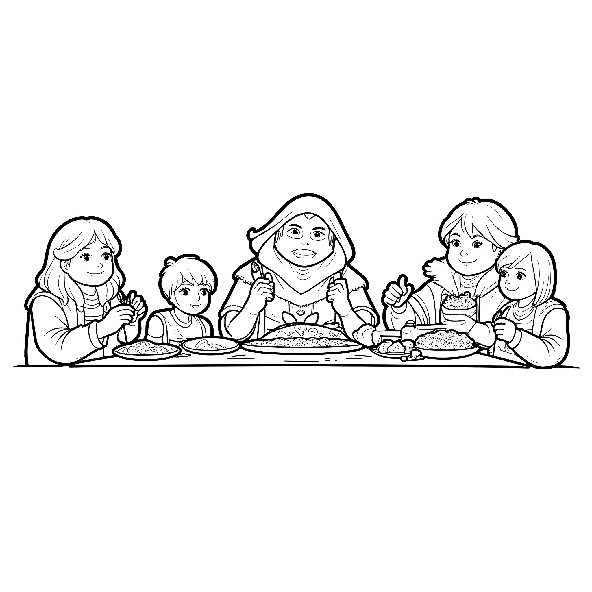 DnD Adventure Party Gathered for a Meal Coloring Page (free black-and-white line drawing printable PDF for all, from beginners to advanced learners, including children, teens, adults, and seniors)