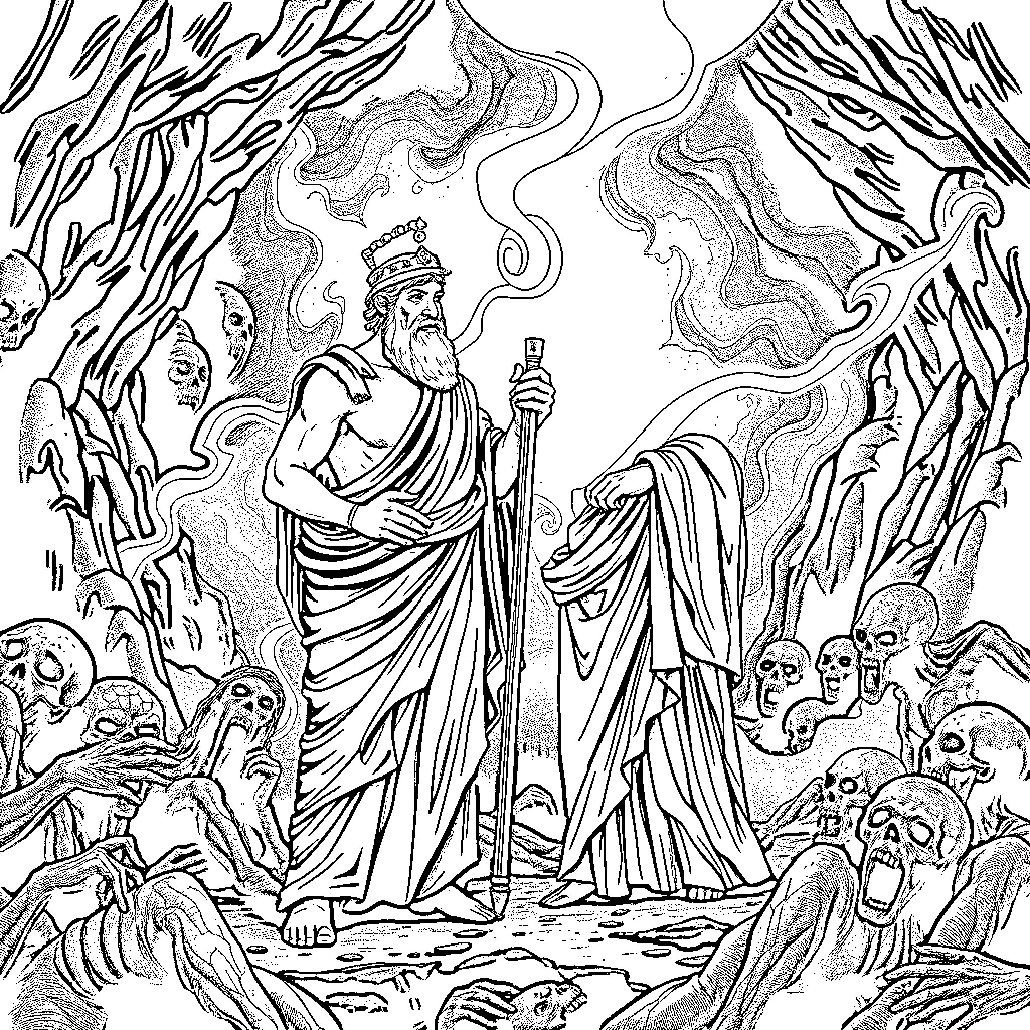 Odysseus Confronts the Underworld Spirits Coloring Page (free black-and-white line drawing printable PDF for all, from beginners to advanced learners, including children, teens, adults, and seniors)