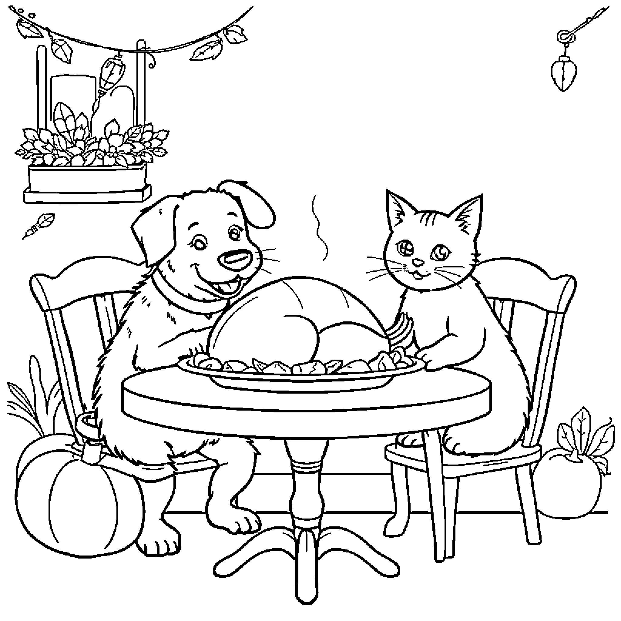 Dog and cat sharing a meal together Coloring Page (free black-and-white line drawing printable PDF for all, from beginners to advanced learners, including children, teens, adults, and seniors)