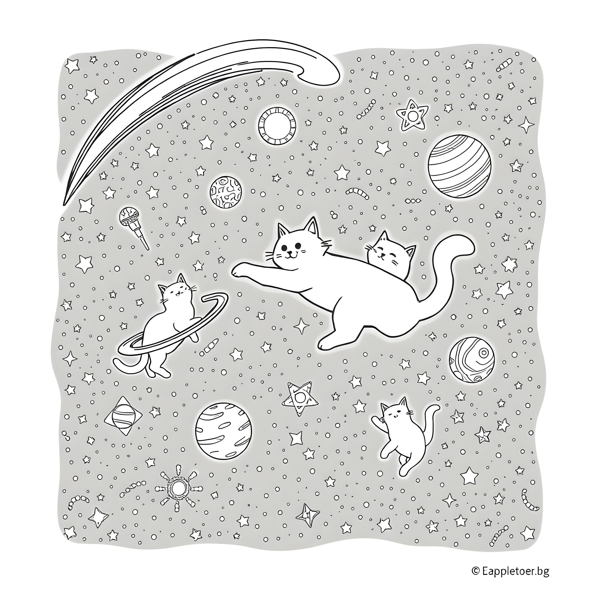 Cats playing in the starry sky Coloring Page (free black-and-white line drawing printable PDF for all, from beginners to advanced learners, including children, teens, adults, and seniors)