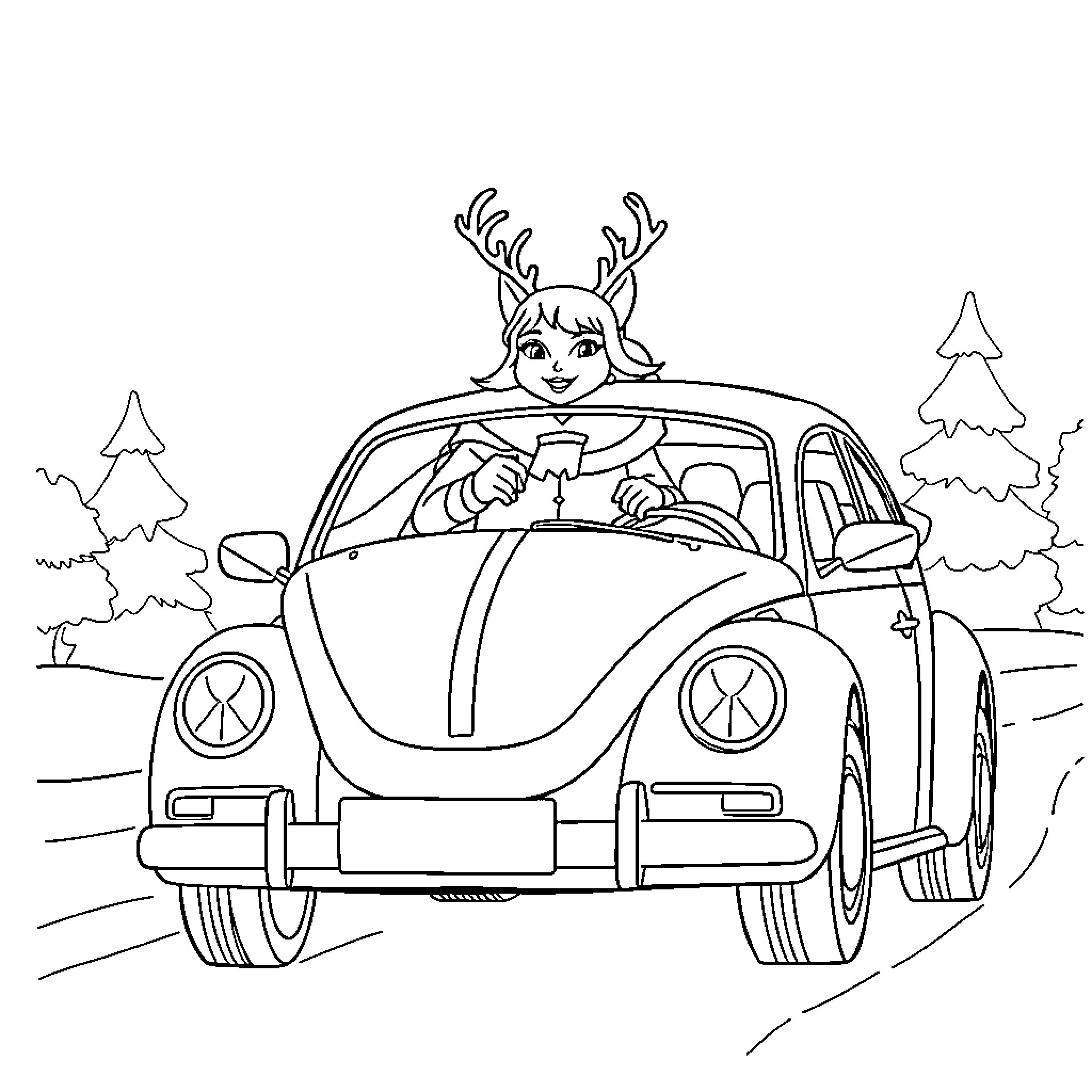 Queen driving a car with antlers in nature Coloring Page (free black-and-white line drawing printable PDF for all, from beginners to advanced learners, including children, teens, adults, and seniors)