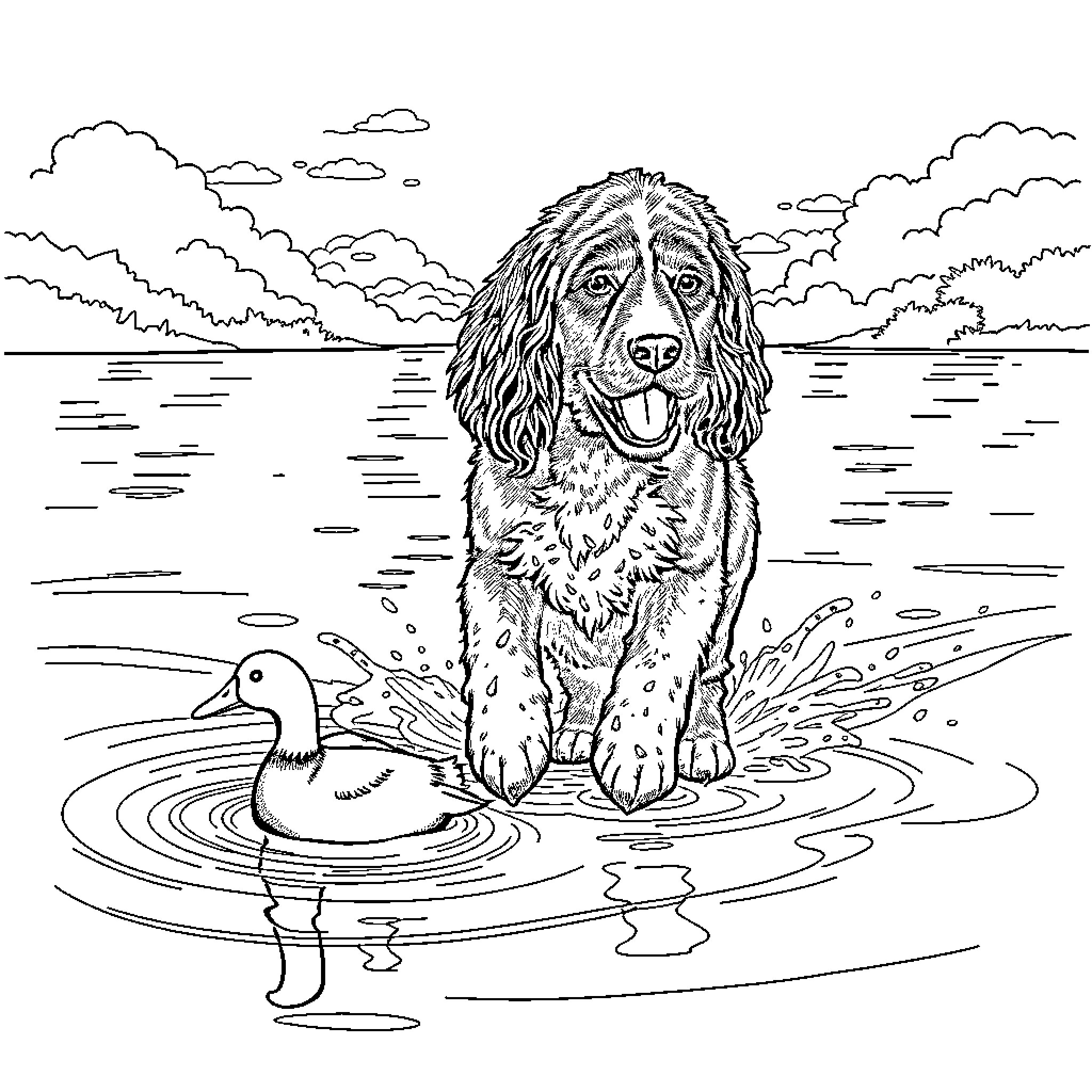 Irish Water Spaniel playing in the lake with a duck Coloring Page (free black-and-white line drawing printable PDF for all, from beginners to advanced learners, including children, teens, adults, and seniors)