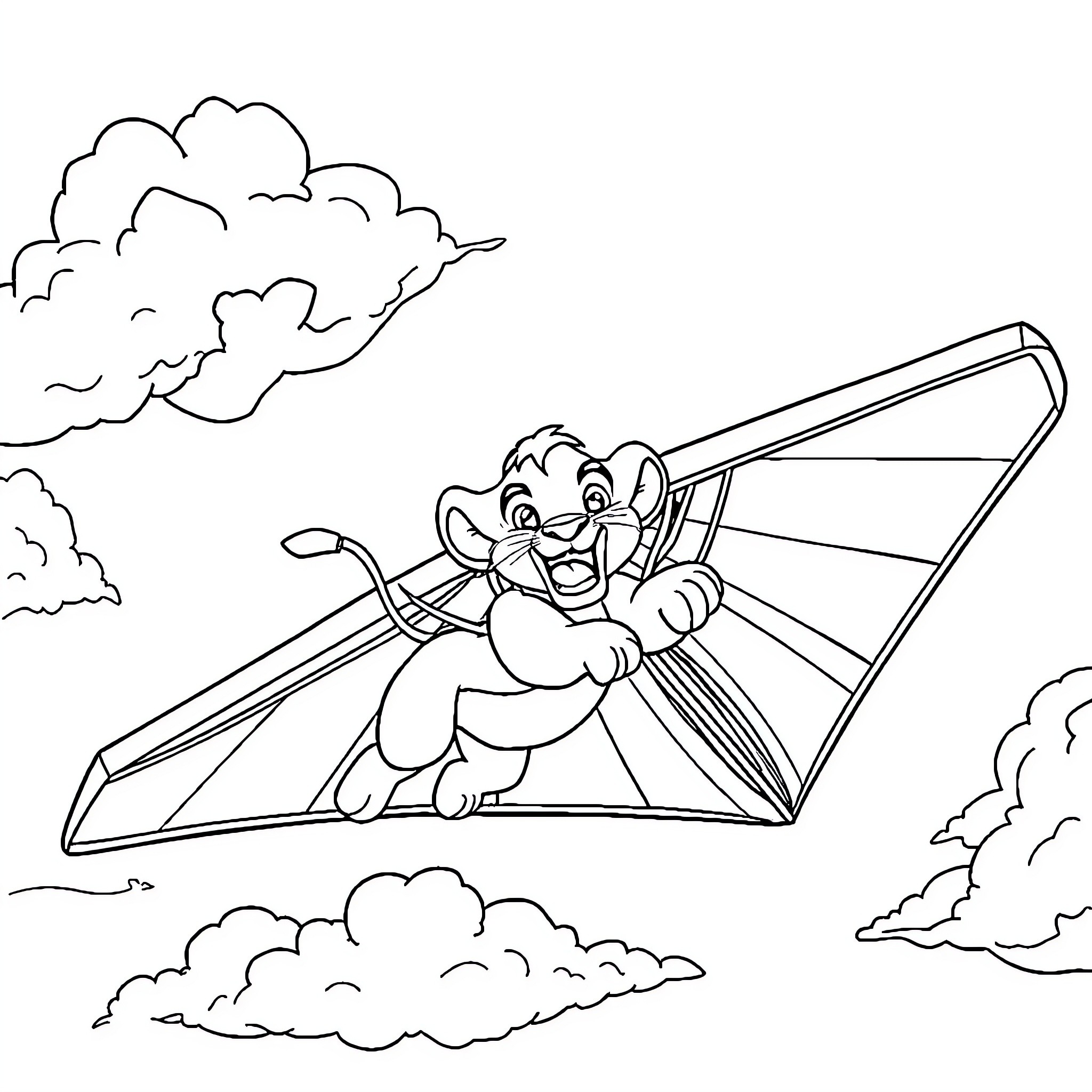 Simba soaring high in the sky on a hang glider Coloring Page (free black-and-white line drawing printable PDF for all, from beginners to advanced learners, including children, teens, adults, and seniors)
