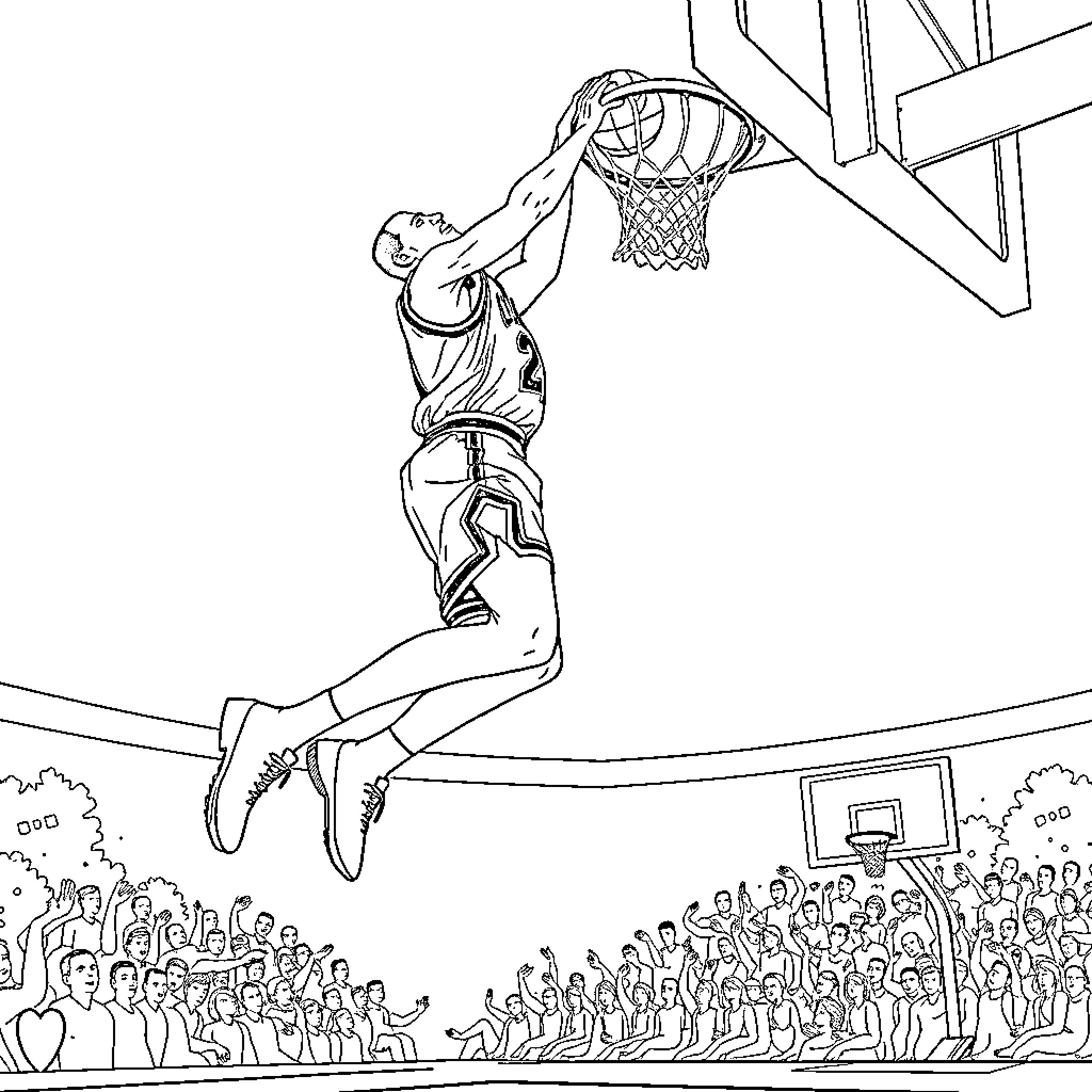 Michael Jordan Dunking Over Crowd in Basketball Game Coloring Page (free black-and-white line drawing printable PDF for all, from beginners to advanced learners, including children, teens, adults, and seniors)