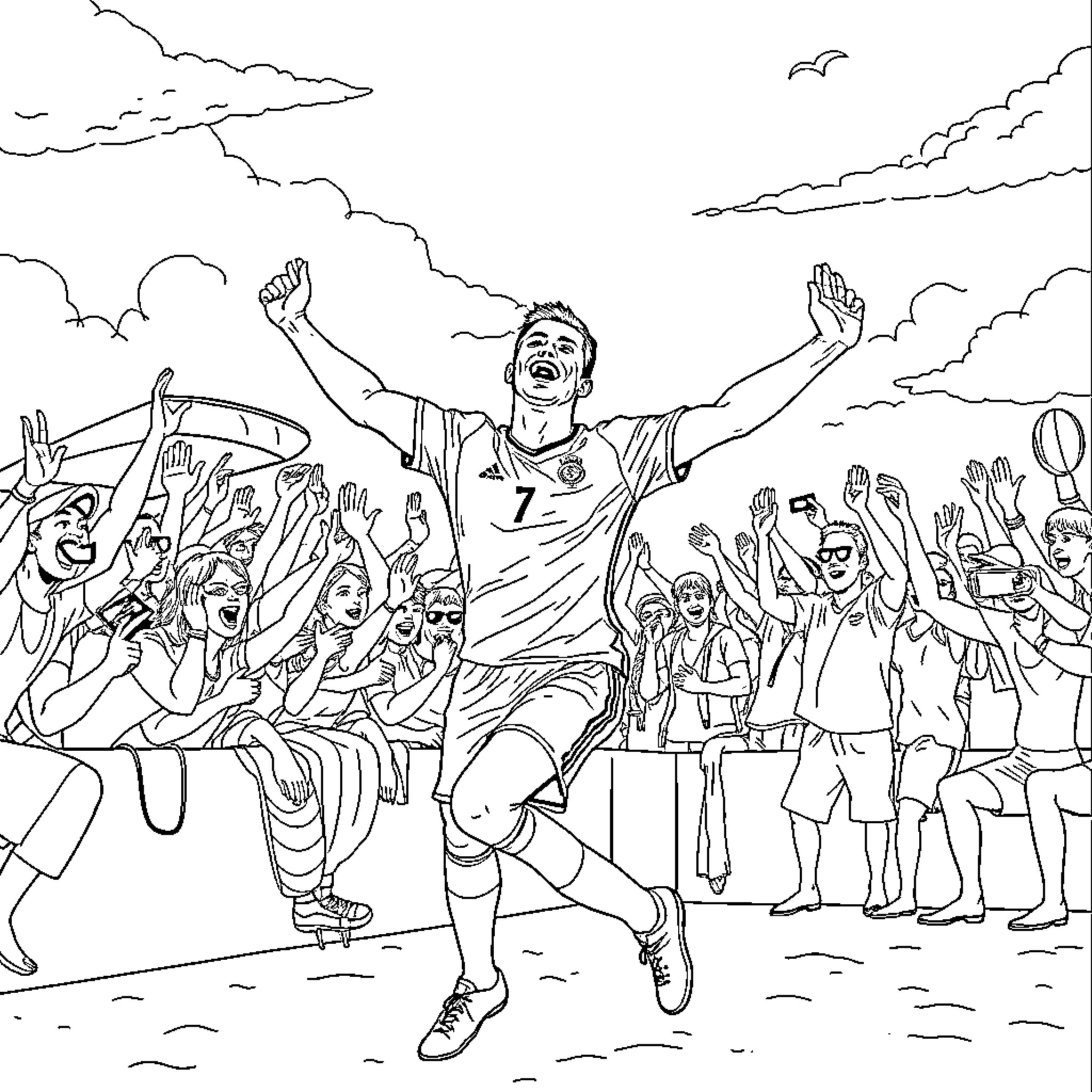 Cristiano Ronaldo celebrating with cheering fans Coloring Page (free black-and-white line drawing printable PDF for all, from beginners to advanced learners, including children, teens, adults, and seniors)