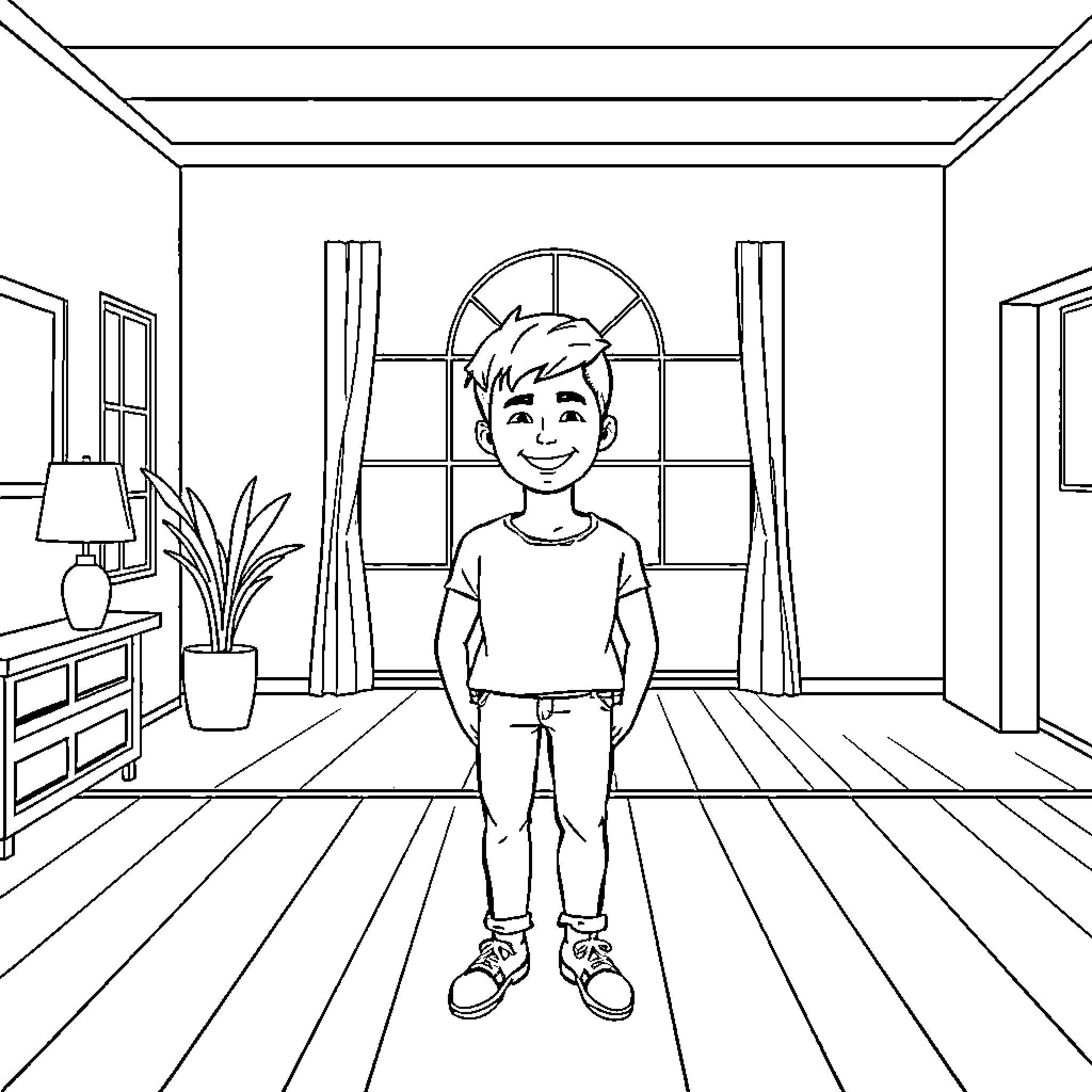 Me in a cozy indoor scene Coloring Page (free black-and-white line drawing printable PDF for all, from beginners to advanced learners, including children, teens, adults, and seniors)