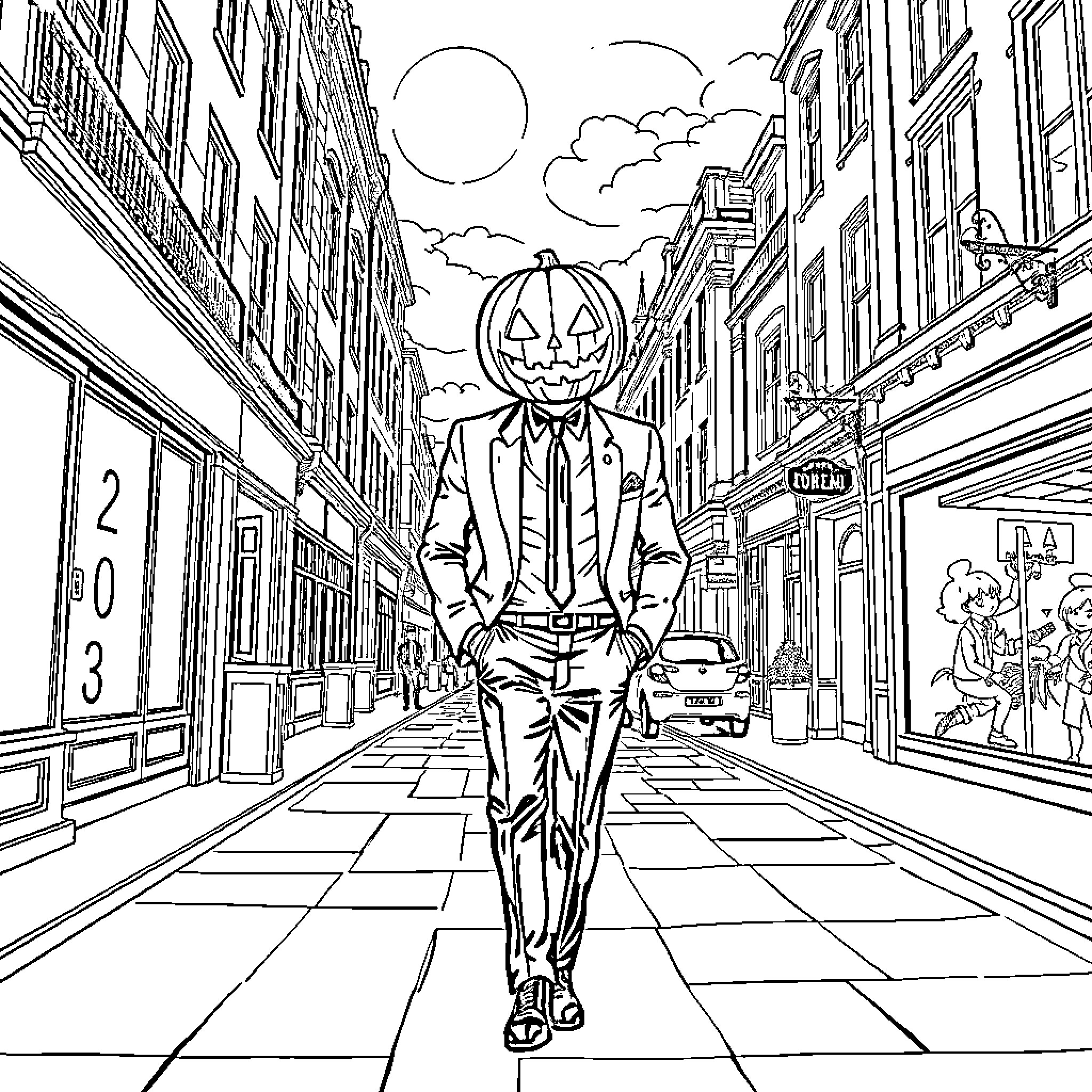 Pumpkin person strolling through a city street Coloring Page (free black-and-white line drawing printable PDF for all, from beginners to advanced learners, including children, teens, adults, and seniors)
