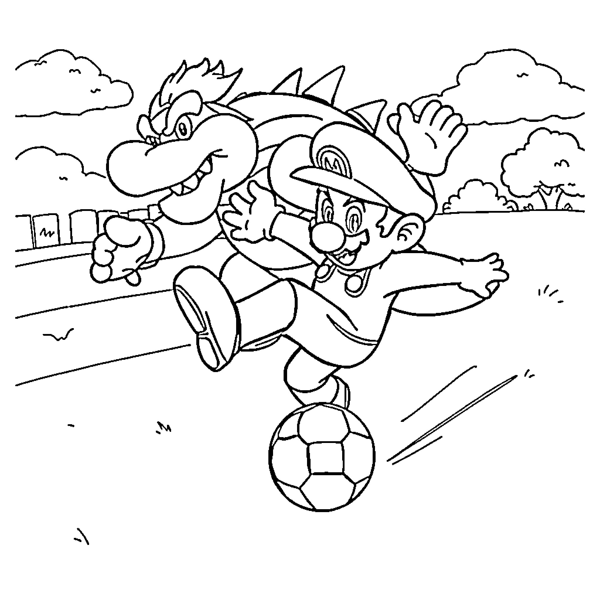 Mario and Bowser playing soccer on the field Coloring Page (free black-and-white line drawing printable PDF for all, from beginners to advanced learners, including children, teens, adults, and seniors)