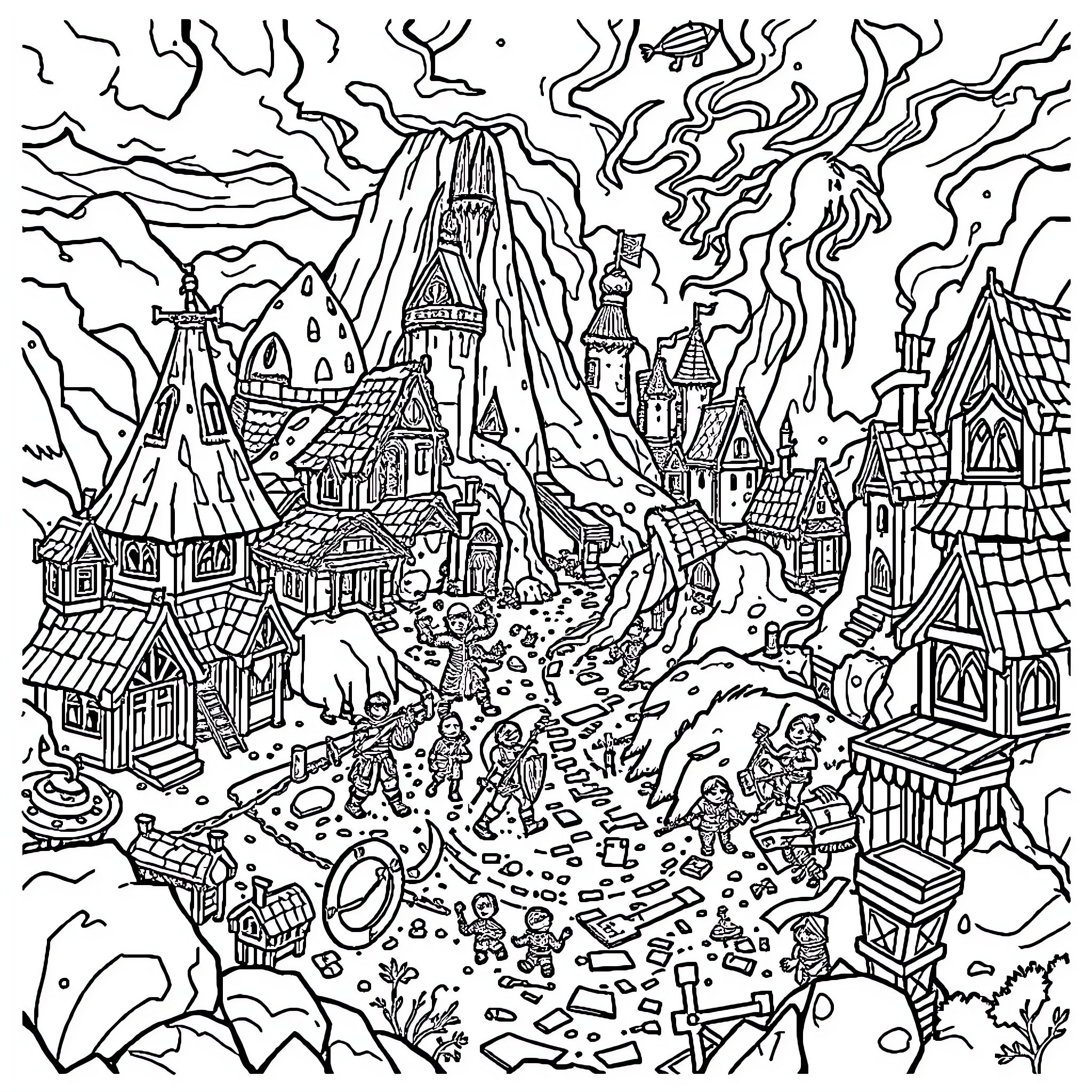 RuneScape: Adventurers Explore a Fantastical Landscape Coloring Page (free black-and-white line drawing printable PDF for all, from beginners to advanced learners, including children, teens, adults, and seniors)