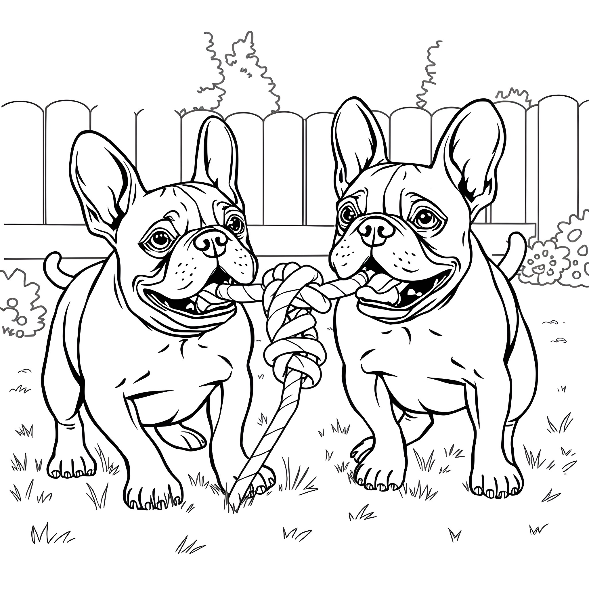 French Bulldog friends playing together outdoors Coloring Page (free black-and-white line drawing printable PDF for all, from beginners to advanced learners, including children, teens, adults, and seniors)