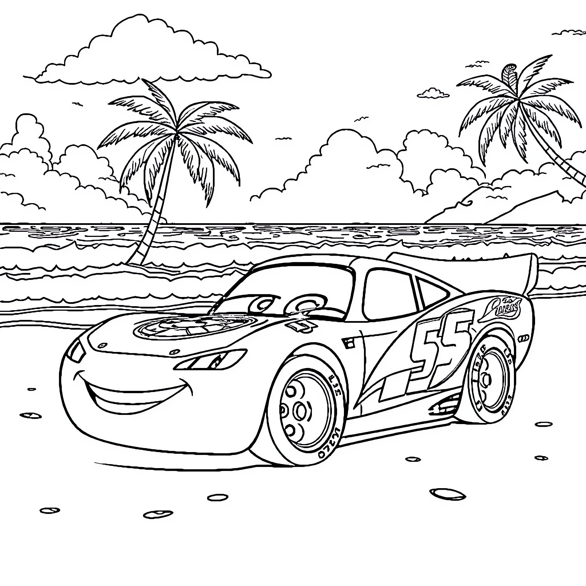 Lightning McQueen's beach race adventure Coloring Page (free black-and-white line drawing printable PDF for all, from beginners to advanced learners, including children, teens, adults, and seniors)