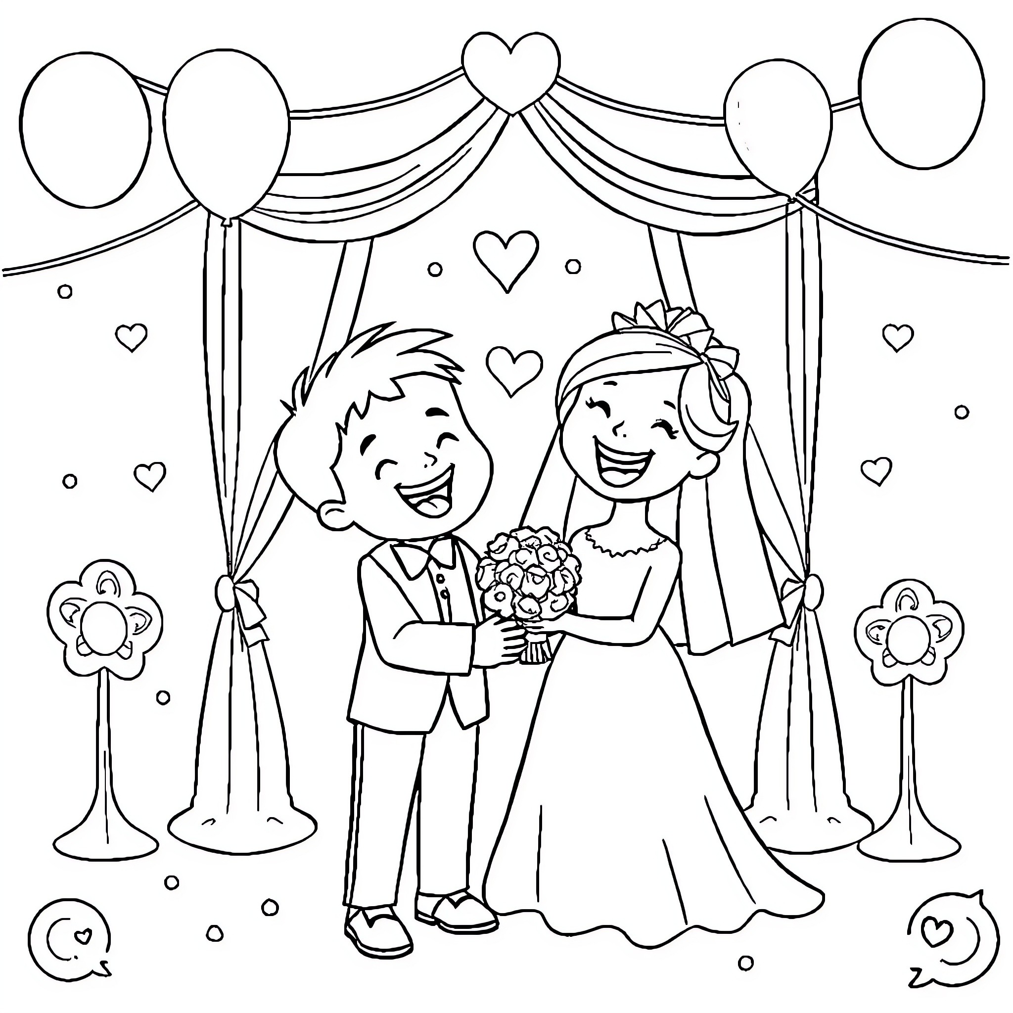 Wedding ceremony with happy couple and decorations Coloring Page (free black-and-white line drawing printable PDF for all, from beginners to advanced learners, including children, teens, adults, and seniors)