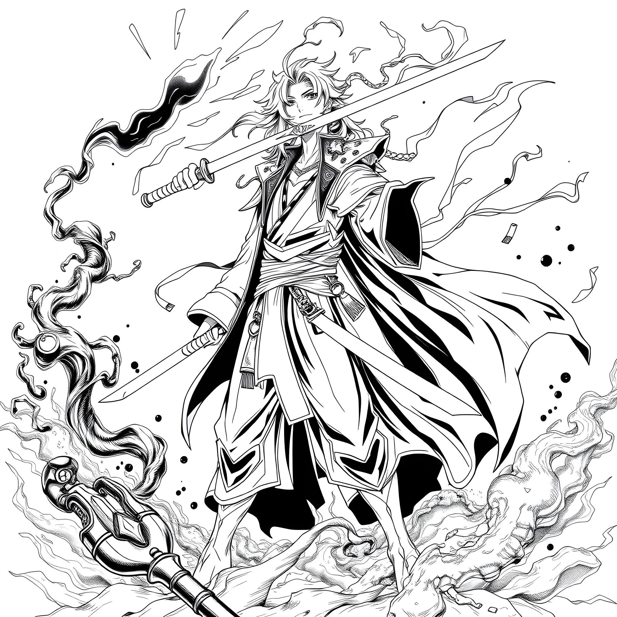 Shunsui's Fierce Samurai Warrior Spirit Coloring Page (free black-and-white line drawing printable PDF for all, from beginners to advanced learners, including children, teens, adults, and seniors)