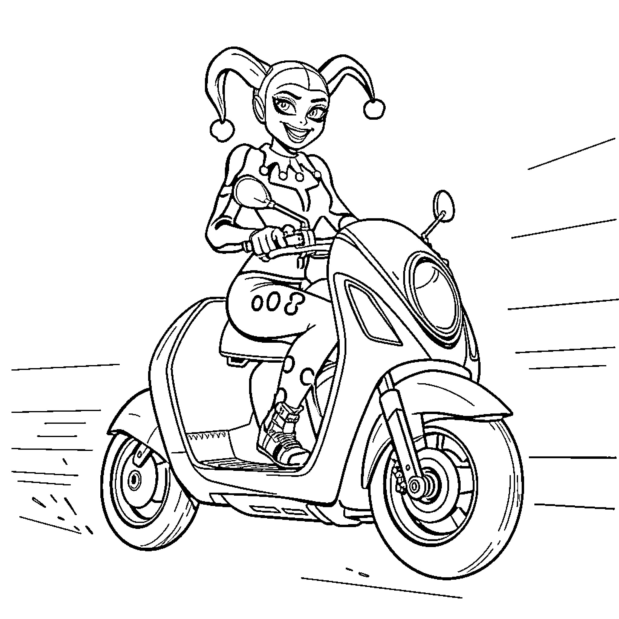 Harley Quinn riding a scooter with a joyful expression Coloring Page (free black-and-white line drawing printable PDF for all, from beginners to advanced learners, including children, teens, adults, and seniors)
