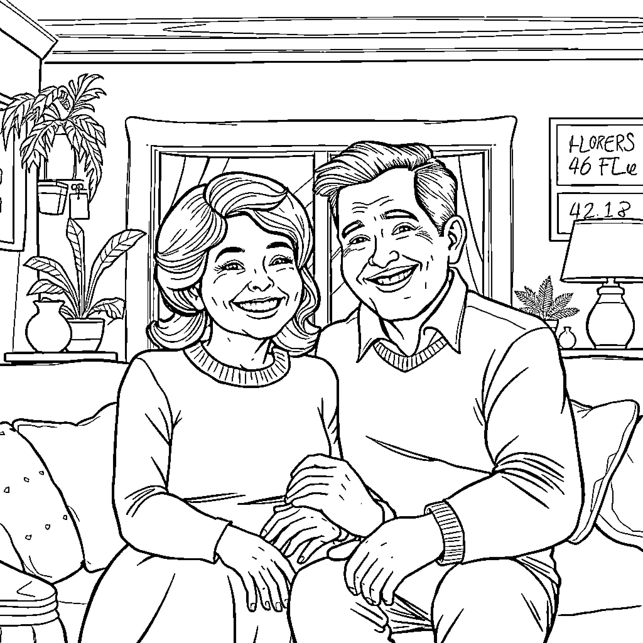 Bohnert's Happy Couple Enjoying Cozy Home Coloring Page (free black-and-white line drawing printable PDF for all, from beginners to advanced learners, including children, teens, adults, and seniors)