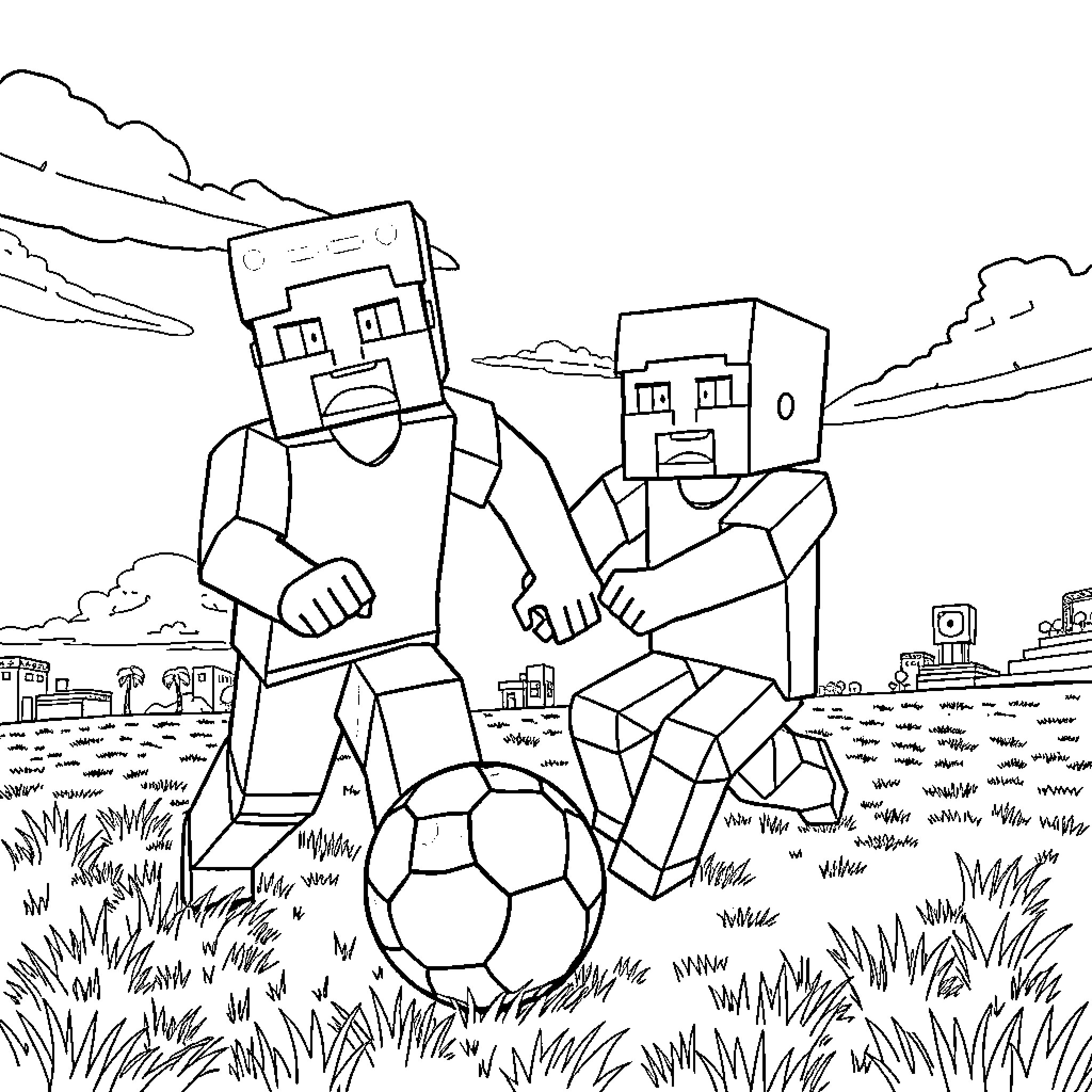 Minecraft Characters Kicking Soccer Ball in the Countryside Coloring Page (free black-and-white line drawing printable PDF for all, from beginners to advanced learners, including children, teens, adults, and seniors)