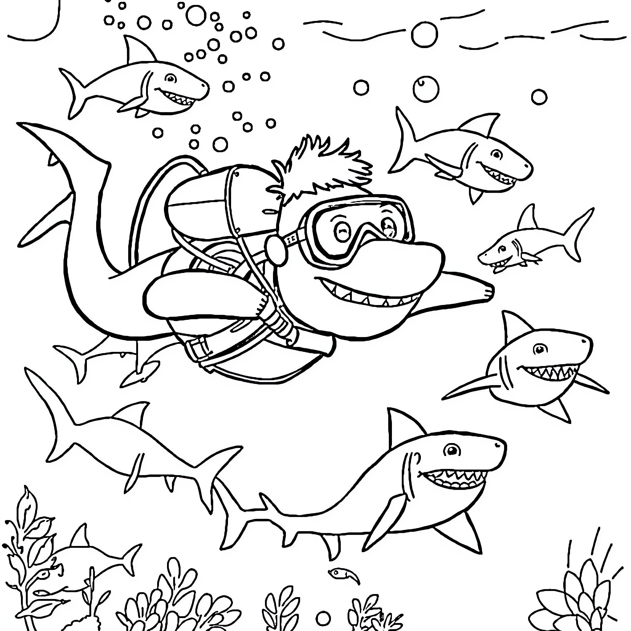 Bluey's Underwater Adventure with Sharks Coloring Page (free black-and-white line drawing printable PDF for all, from beginners to advanced learners, including children, teens, adults, and seniors)