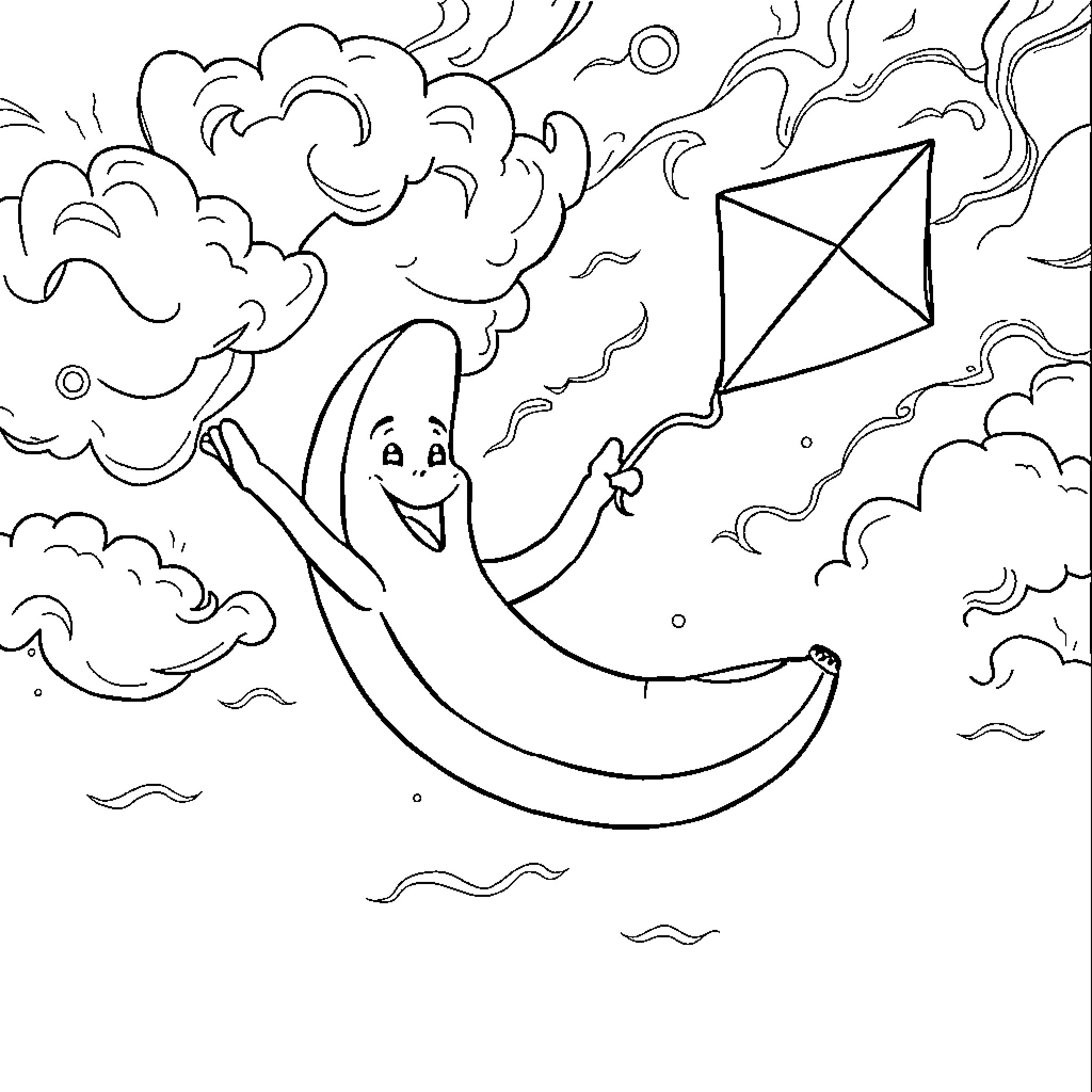 Banana flying a kite in windy weather Coloring Page (free black-and-white line drawing printable PDF for all, from beginners to advanced learners, including children, teens, adults, and seniors)