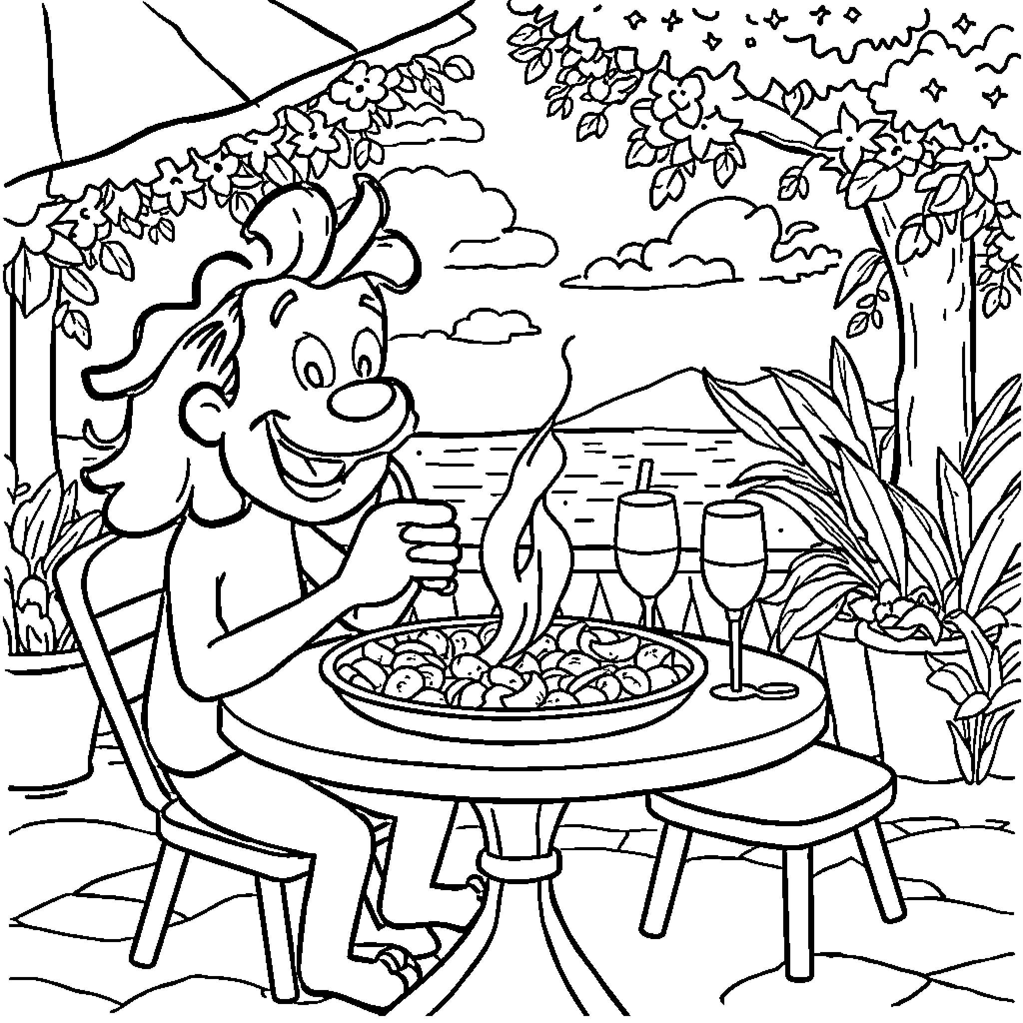 Sonic enjoying a picnic in the nature Coloring Page (free black-and-white line drawing printable PDF for all, from beginners to advanced learners, including children, teens, adults, and seniors)