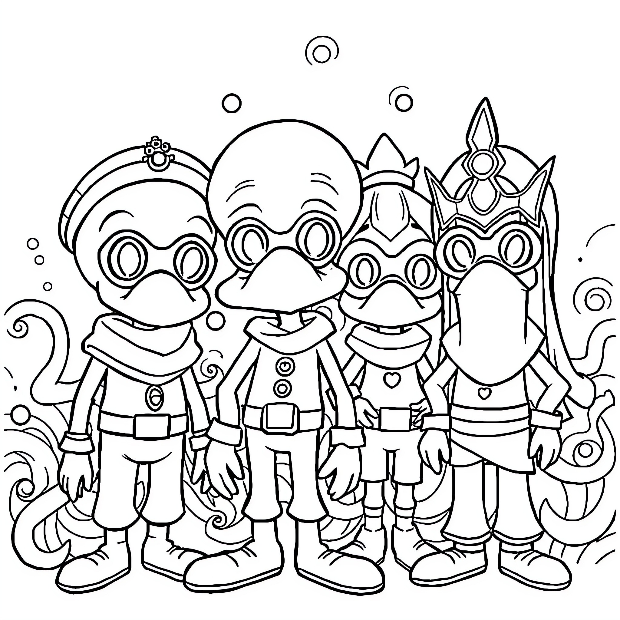 Squid Game characters in stylized outfits and masks Coloring Page (free black-and-white line drawing printable PDF for all, from beginners to advanced learners, including children, teens, adults, and seniors)