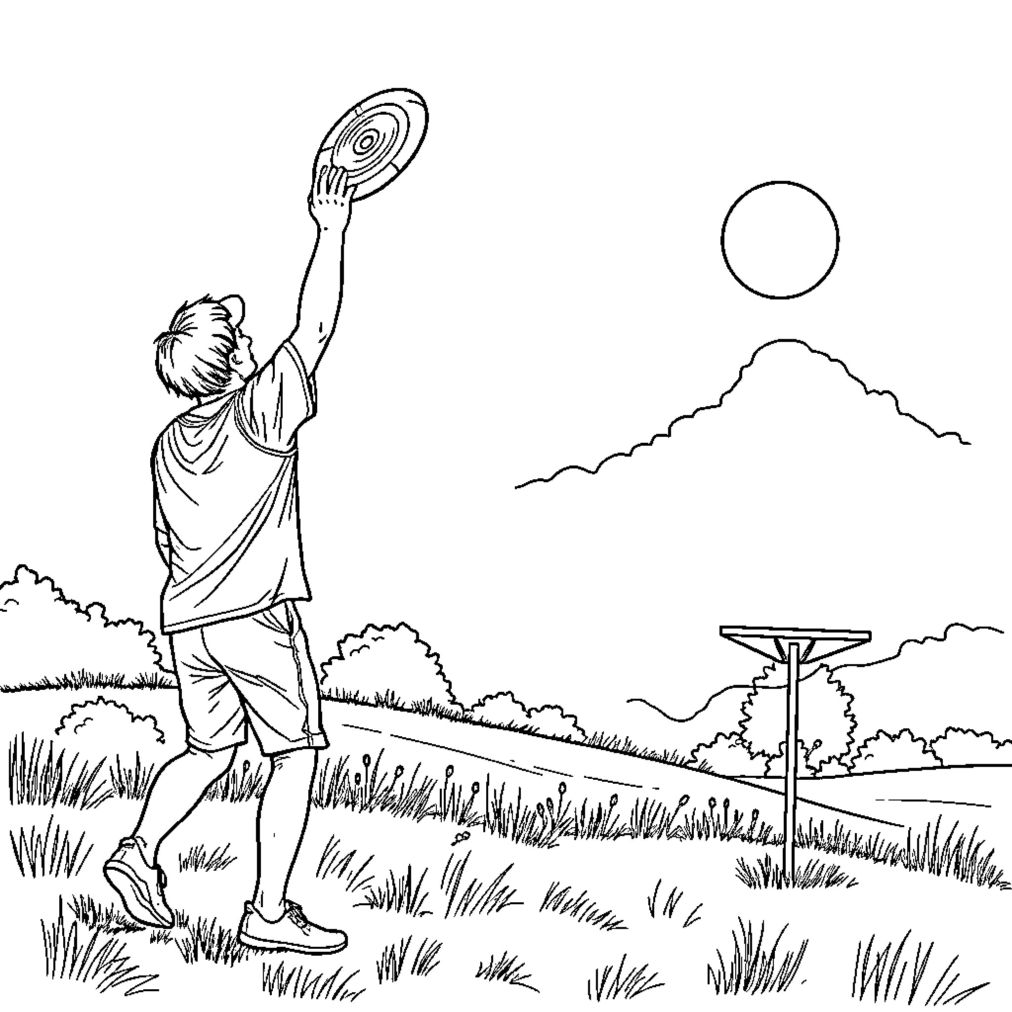 Disc Golf Player Enjoying Nature's Serenity Coloring Page (free black-and-white line drawing printable PDF for all, from beginners to advanced learners, including children, teens, adults, and seniors)