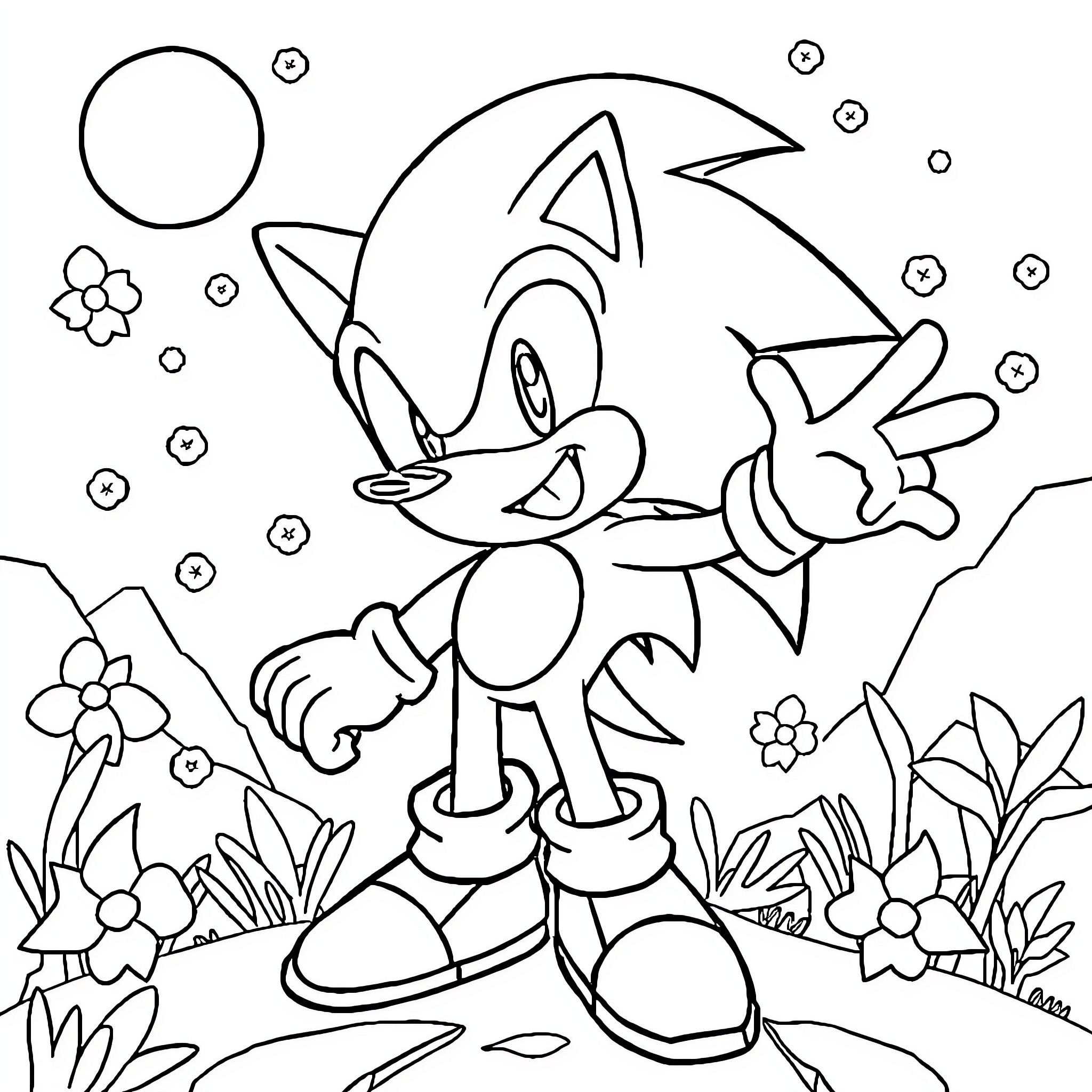 Sonic running through a flowery meadow Coloring Page (free black-and-white line drawing printable PDF for all, from beginners to advanced learners, including children, teens, adults, and seniors)