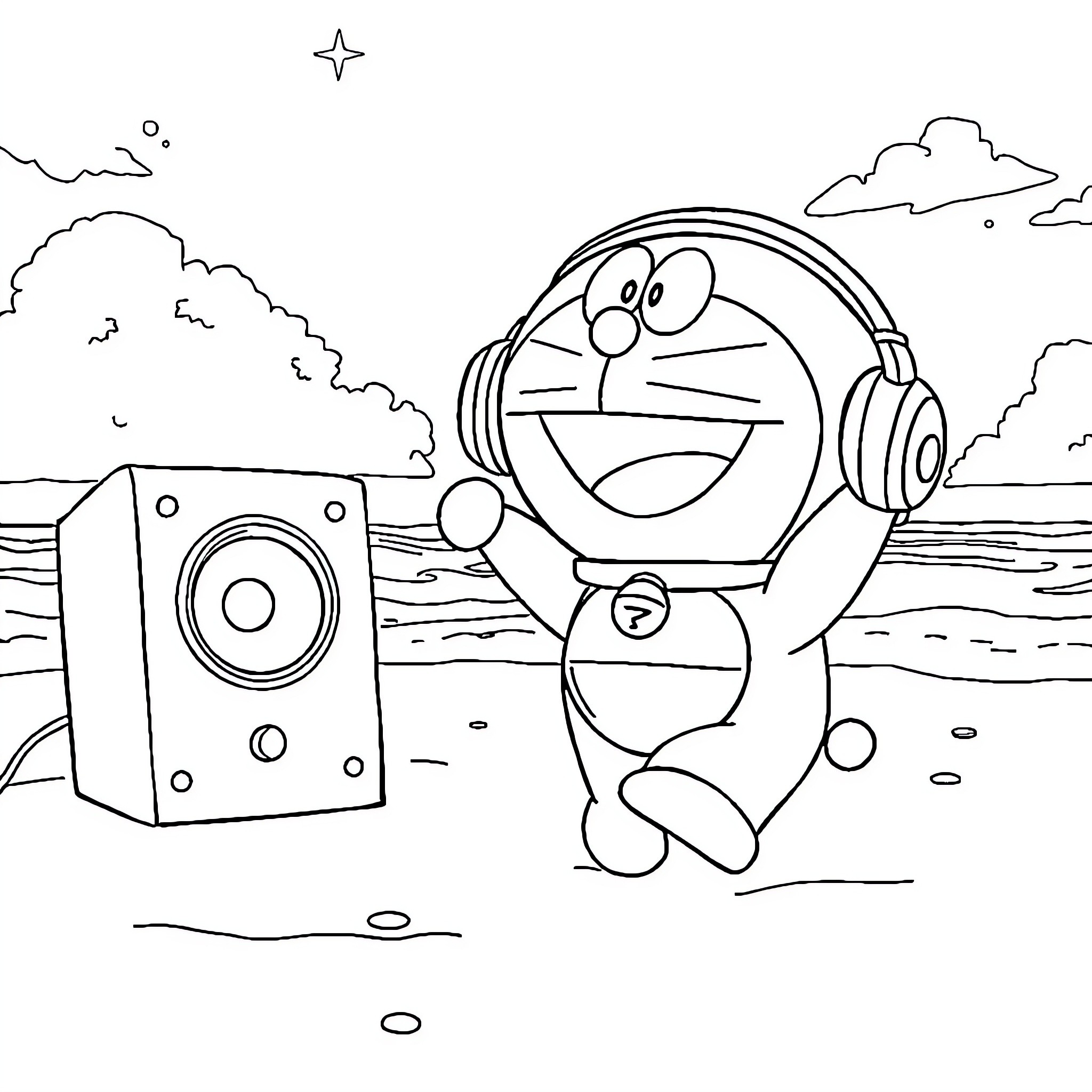 Doraemon listening to music with a speaker on the beach Coloring Page (free black-and-white line drawing printable PDF for all, from beginners to advanced learners, including children, teens, adults, and seniors)