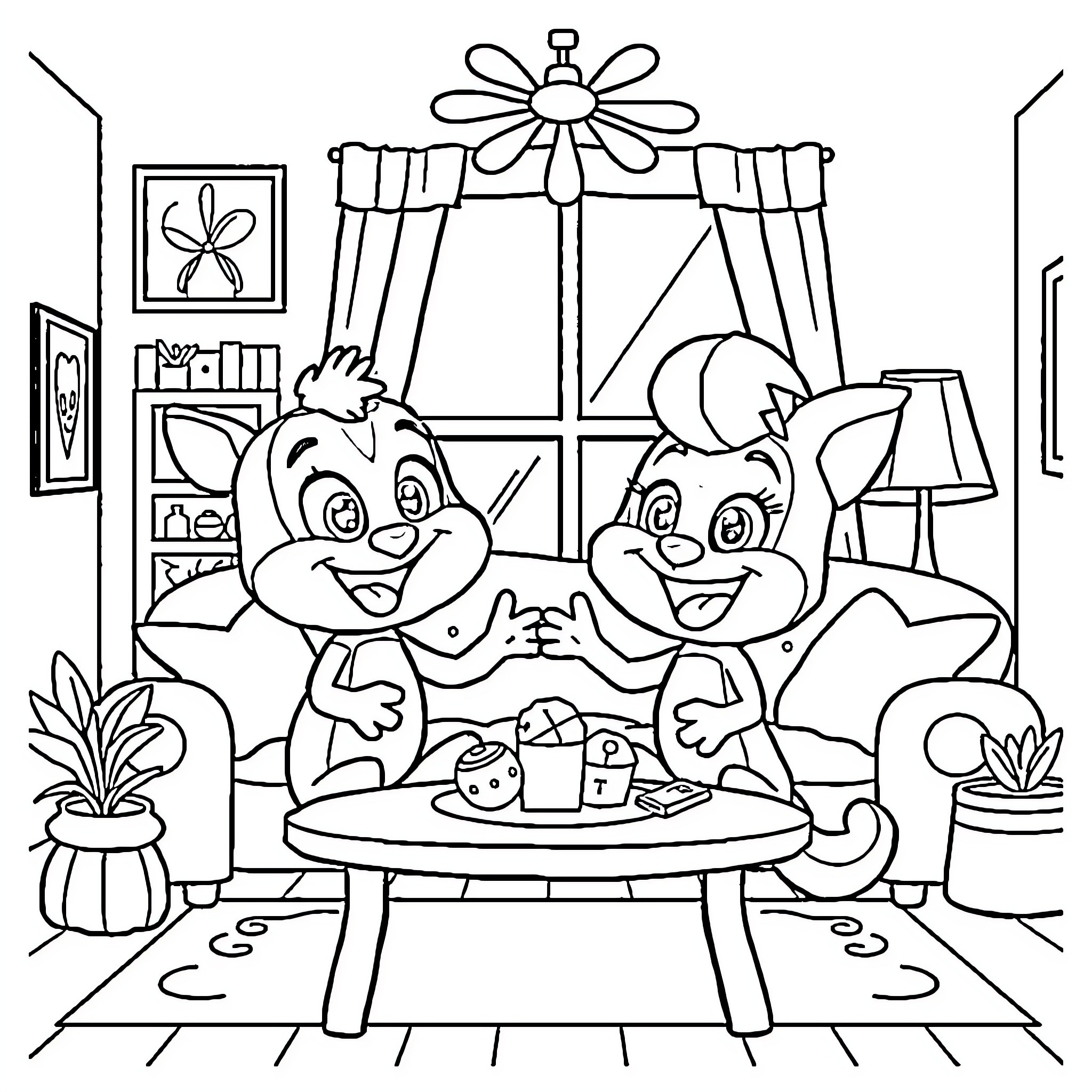 Bingo and Bluey playing together in a cozy living room Coloring Page (free black-and-white line drawing printable PDF for all, from beginners to advanced learners, including children, teens, adults, and seniors)