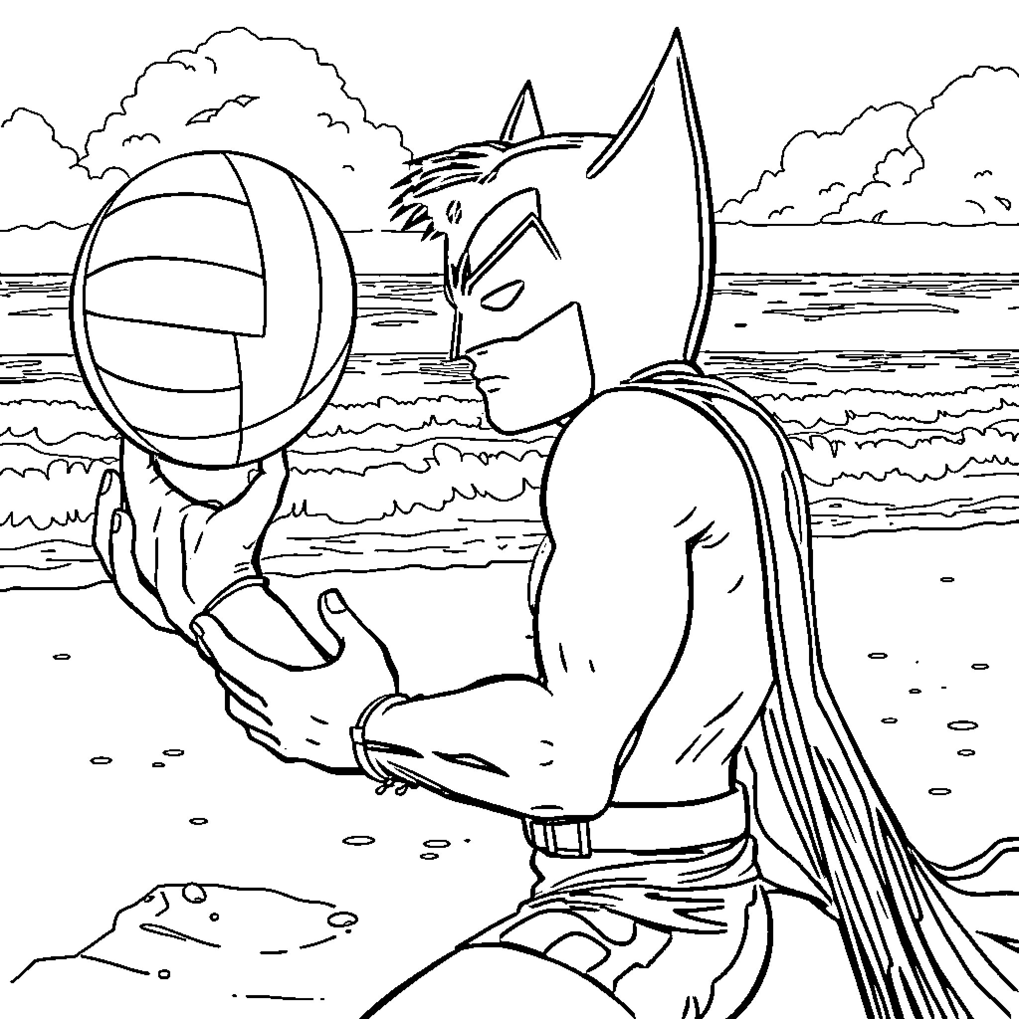 Bruce Wayne Plays Volleyball at the Beach Coloring Page (free black-and-white line drawing printable PDF for all, from beginners to advanced learners, including children, teens, adults, and seniors)