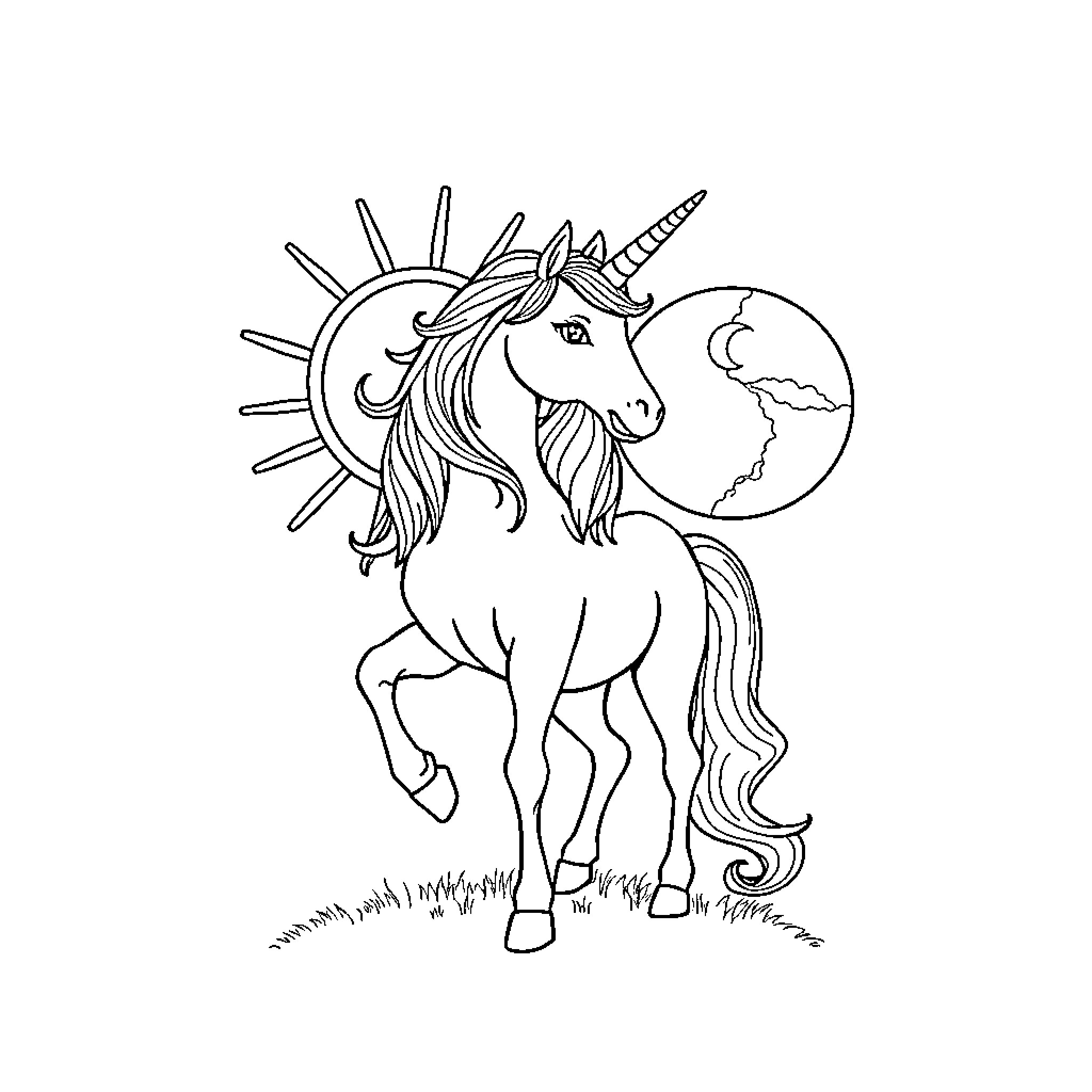Unicorn standing under the sun and moon Coloring Page (free black-and-white line drawing printable PDF for all, from beginners to advanced learners, including children, teens, adults, and seniors)