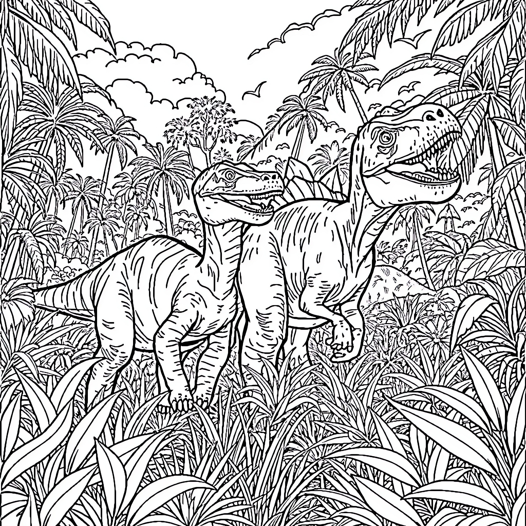 Dinosaurs roaming in lush tropical jungle Coloring Page (free black-and-white line drawing printable PDF for all, from beginners to advanced learners, including children, teens, adults, and seniors)