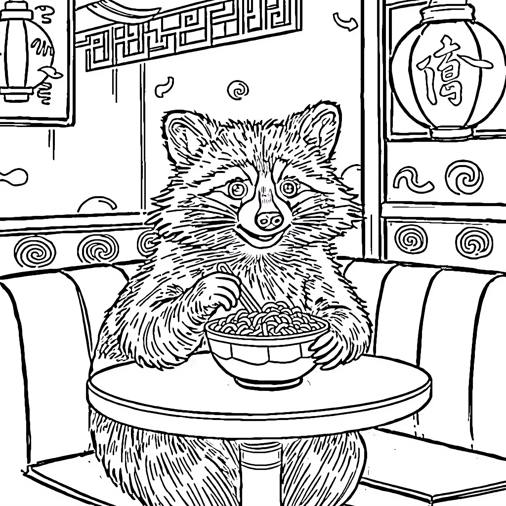 Raccoon enjoying a bowl of food in a traditional setting Coloring Page (free black-and-white line drawing printable PDF for all, from beginners to advanced learners, including children, teens, adults, and seniors)