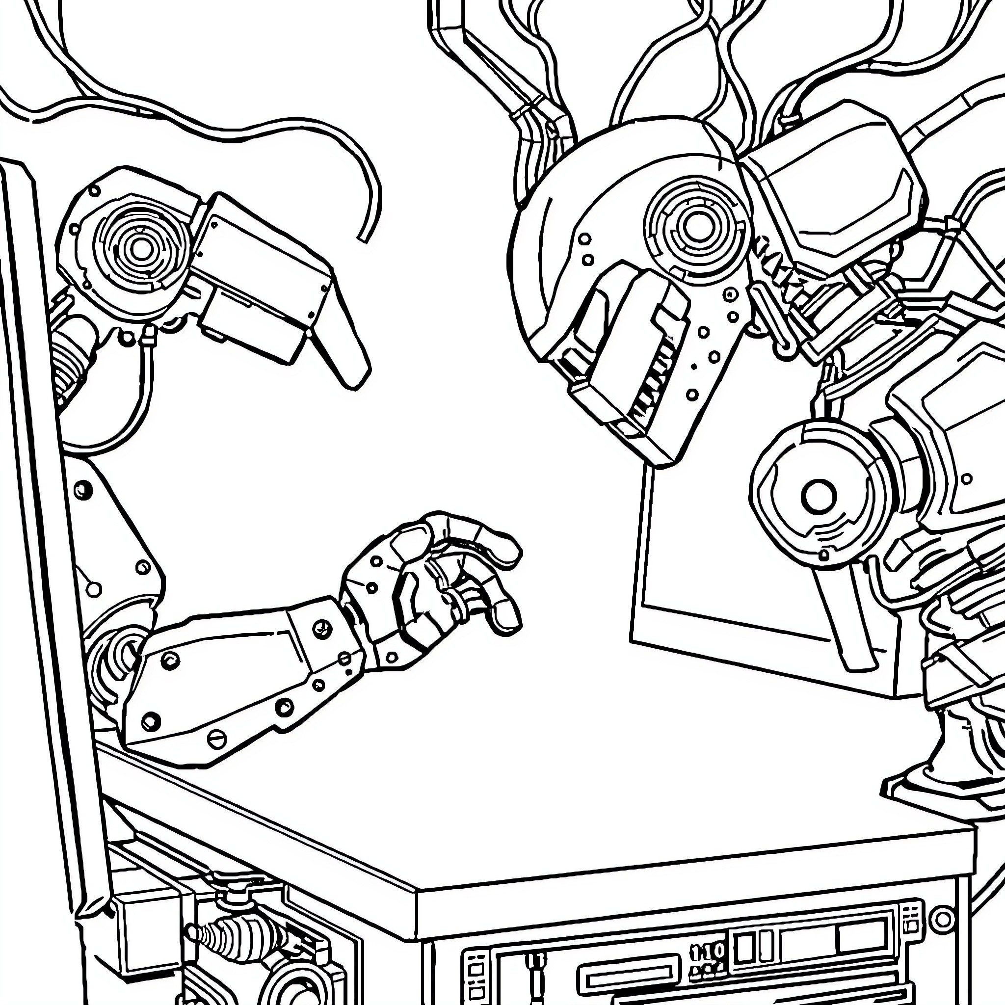 Metal Arms: Mechanical Devices in Action Coloring Page (free black-and-white line drawing printable PDF for all, from beginners to advanced learners, including children, teens, adults, and seniors)