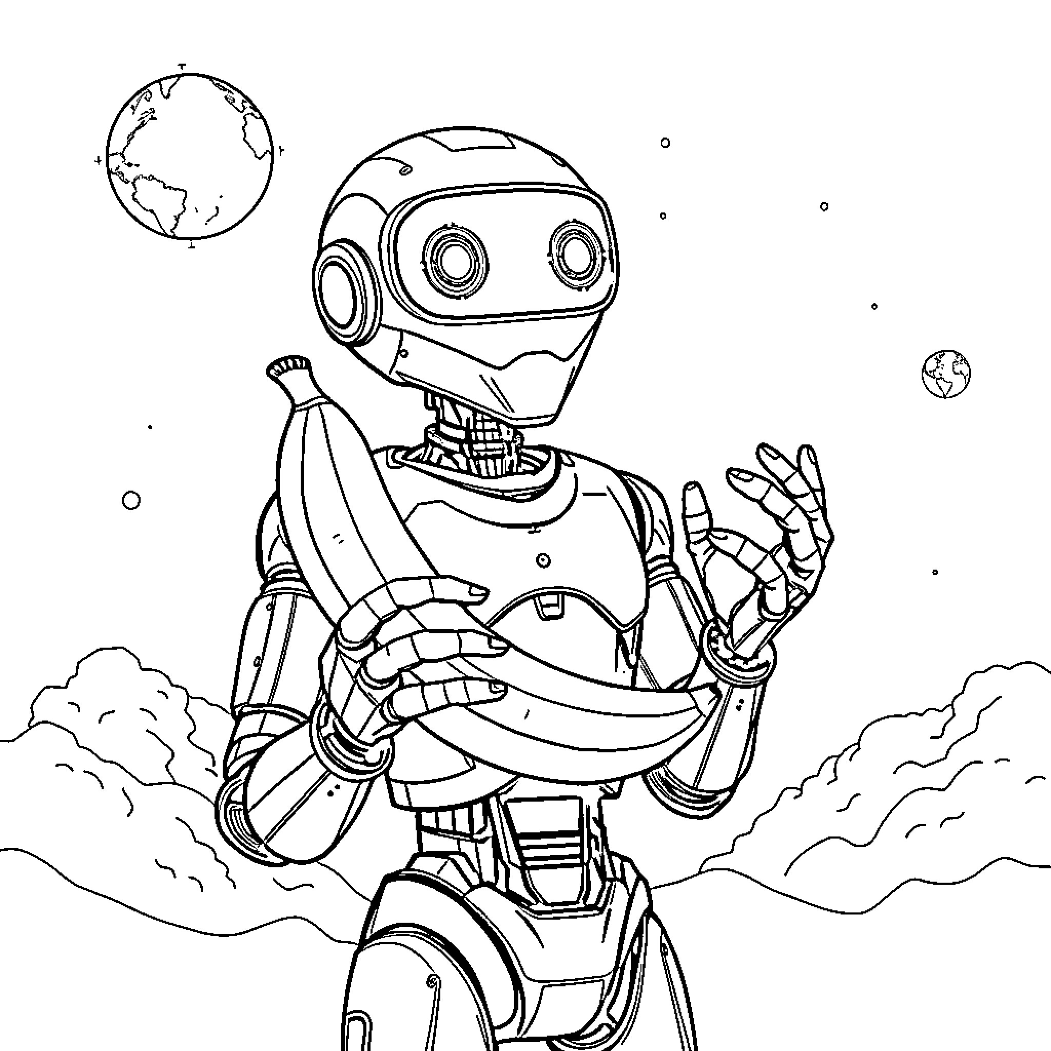 AI Robot Exploring Outer Space with Rocket Pack Coloring Page (free black-and-white line drawing printable PDF for all, from beginners to advanced learners, including children, teens, adults, and seniors)